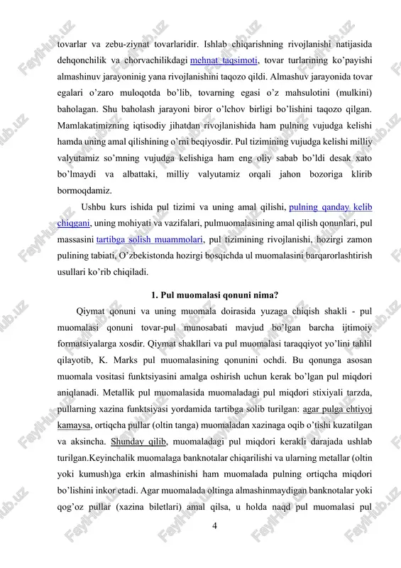 ilayotib, k. marks pul muomalasining qonunini ochdi. bu qonunga asosan muomala vositasi funktsiyasini amalga oshirish uchun kerak bo’lgan pul miqdori aniqlanadi. metallik pul muomalasida muomaladagi pul miqdori stixiyali tarzda, pullarning xazina funktsiyasi yordamida tartibga solib turilgan: agar pulga ehtiyoj kamaysa, ortiqcha pullar (oltin tanga) muomaladan xazinaga oqib o’tishi kuzatilgan va aksincha. shunday qilib, muomaladagi pul miqdori kerakli darajada ushlab turilgan.keyinchalik muomalaga banknotalar chiqarilishi va ularning metallar (oltin yoki kumush)ga erkin almashinishi ham muomalada pulning ortiqcha miqdori bo’lishini inkor etadi. agar muomalada oltinga almashinmaydigan banknotalar yoki qog’oz pullar (xazina biletlari) amal qilsa, u holda naqd pul muomalasi pul muomalasi qonuniga asosan amalga oshadi. qog’oz pullar miqdori muomala uchun kerak bo’lgan oltin pullarning nazariy miqdoriga teng bo’lganda pul muomalasida hech qanday salbiy jarayonlar yuz bermaydi. pul muomalasi qonuni muomaladagi tovarlar massasi, ularning narx darajasi va pul muomalasi tezligi orasidagi iqtisodiy aloqadorlikni aks ettiradi. bu qonunga asosan muomala uchun zarur bo’lgan pul miqdorini …