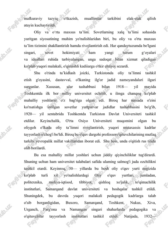 ib respublikadagi jami oliy o'quv yurtlari soni 31 taga yetdi. ulardagi talabalar soni 12,2 ming nafami tashkil etardi. talabalarning soni 1937— yilda 15,5 mingga, 1941— yilda esa 18 mingtaga yetdi. o'zbekistonning bu davrdagi ta'lim tizimida o'rta maxsus ta’lim o'quv yurtlari faoliyati ham alohida o'rin egallaydi. 20— yillarda respublikada 6 ta qishloq xo'jalik texnikumi, 1 ta tibbiyot texnikumi, 16 ta hunar-texnika maktabi tashkil qilindi. ularda 6800 nafar yoshlar o'qidi. shuningdek, shu vaqtda 5 ta pedagogika texnikumi, 2 ta pedagogika bilim yurti, bitta xotin-qizlar bilim yurti mavjud bo'lib, ular orqali ko'plab bilimli, malakali pedagog kadrlar tayyorlandi. xx asr 40— yillari boshlariga kelib o'zbekistonda maxsus bilimyurtlari soni 92 taga yetgan bo'lib, ularda 12,6 ming nafar yoshlar ta'lim olmoqda edi. f ao.r respublikada ilm-fanning ravnaq topishi ham tabiiy holdir. yurtning ko'plab iqtidorli, zakovatli yoshlari o'zlarini ilm-fanga bag'ishlab, asta-sekin uning cho'qqilariga ko'tarilib bordilar. 30— yillarga kelib o'zbek fanining turli yo'nalishlarida o'z yuksak salohiyatini namoyon etib, …