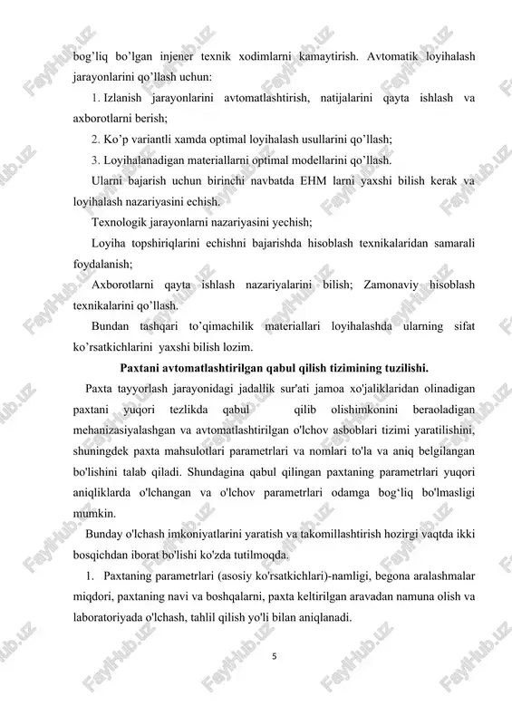 uynuk 9 orqali tushadi va transportyor orqali laboratoriyaga uzatiladi. shundan so'ng namuna olgich 3 oldin yukoriga ko'tarilib, so'ngra chap tomonga surilib tarozi ustida to‘xtaydi, paxta ortilgan yangi aravani kutib turadi. laboratoriyada namunani kutib turgan laborant transportyordan 800 g paxtani analitik tarozida o'lchab olib, namligini o'lchaydigan vxs - 2 apparati kamerasiga tushiradi. agar o'lchash natijasida paxtaning namligi 12% dan kam bo'lsa, undan 300 g namuna olinib, begona aralashmalarping miqdorini aniqlaydigan lkm apparatga uzatadi. agar vhs - 2 da o'lchangan namuna paxtaning namligi 12 % dan yukori bo'lsa, 300 g namuna uss - 1 markali apparatda namligi m 12% bo'lgunga qadar qo'shimcha quritilib, so'ngra lkm anparatiga uzatiladi. lkmdan chiqqan paxtadan 140 g namuna olinib, paxtaning navini aniqlaydigan asx - 1 markali apparatga uzatilib, navi aniqlanadi. paxtaning hamma ko'rsatkichlari - og‘irligi va sifati to'g‘risidagi ma'lumotlarni exm yozib olib, shunga muvofiq qabul qilingan paxta parametrlari to‘g‘risidagi hujjatlar rasmiylashtiriladi. qabul qilingan paxta, parametrlariga muvofiq, tegishli …