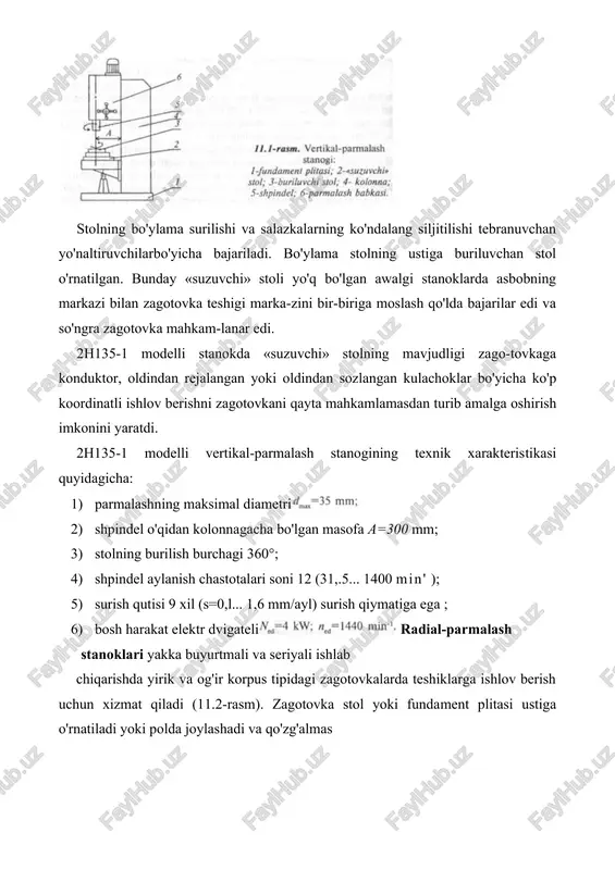 557e, 2a557p-shpindel o'qidan kolonnagacha bo'lgan masofa (vilet shpindelya) 3150 mm gacha uzaytirilgan; 2a554f1 — avtomatik sikl va shpindelning raqamli indikatsiyasiga ega bo'lgan; 2554f2 — raqamli dastur bo'yicha boshqariladigan koordinat-parmalash stanogi. radial-parmalash stanoklaridan 2sh55 modelli stanok alohida o'rin tutadi. bu stanok ko'chma, buriluvchan parmalash kallagiga ega bo'lib, yirik gabaritli zagotovkalarning har xil tekisliklardajoylashgan teshik-lariga ishlov beradi. ko'p shpindelli gorizontal-parmalash stanoklari. agregat stanoklar haqida tushuncha ko'p shpindelli parmalash stanoklarining uch asosiy turi mav- jud. 1) shpindellari bir qatordajoylashib ketma-ket bir detaldagi har xil diametrli yoki bir teshikka turli asboblar bilan ishlov berishga mo'ljallangan stanoklar. masalan, 2, 3 yoki 4 shpindelli bir qatorli stol-plitali stanok 2n135ts; to'rt shpindelli stanoklardan biri 2h118-4 modeli bilan belgilanadi (11.3-rasm). 2) bir necha teshiklarni bir vaqtning o'zida ishlash uchun mo'ljallangan shpindellari almashinadigan, kolokol tipidagi parmalash kallagiga ega bo'lgan stanoklar, masalan, 2170m modelli stanok. 3) keng ko'lamli ishlab chiqarish uchun mo'ljallangan ko'p shpindelli agregat stanoklari. katta chuquriikka ega bo'lgan …