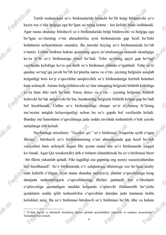 ga bo‘lgan so‘zlarning o‘rni almashtirilsa ayni birikmalarda gap hosil bo‘lishi holatlarini ushratishimiz mumkin. bu misolni keying so‘z birikmamizda ko‘rib o‘tamiz. ushbu birikma hokim qismining qaysi so‘zturkumiga mansub ekanligiga ko‘ra fe’lli so‘z birikmasiga misol bo‘ladi. tobe so‘zning qaysi gap bo‘lagi vazifasida kelishiga ko‘ra esa holli so‘z birikmasi sifatida o‘rgatiladi. tobe so‘zi qanday so‘rog‘iga javob bo‘lib ko‘pinsha narsa va o‘rin- joyning belgisini aniqlab kelganligi bois ko‘p o‘quvshilar aniqlovshili so‘z birikmalariga kiritish holatlari ham ushraydi. ammo belgi bildiruvshi so‘zlar nimaning belgisini bildirib kelishiga ko‘ra ham ikki turli bo‘ladi. narsa shaxs va o‘rin – joyning belgisini bildirib keluvshi bo‘lak aniqlovshi bo‘lsa, harakatning belgisini bildirib kelgan gap bo‘ladi hol hisoblanadi. ushbu so‘z birikmasidagi shuqur so‘zi o‘ylamoq fe’lining ma’nosini aniqlab kelayotganligi ushun bu so‘z gapda hol vazifasida keladi. bunday ma’lumotlarni o‘quvshlarga juda sodda ravishda tushuntirib o‘tish yaxshi natijalarga olib keladi. navbatdagi misolimiz “tozakor qiz” so‘z birikmasi. yuqorida aytib o‘tgan fikrimi , bitishuvli so‘z birikmalarining o‘rni almashganda …