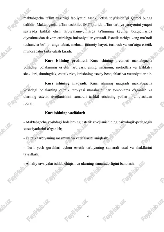 etik tarbiyasi 1.1.maktabgacha bolalarda estetik tarbiyani shakllantirish maktabgacha yoshdagi bolalarga estetik tarbiya - bu pedagogikaning yo'nalishi bo'lib, u jamiyatning yosh a'zolarini go'zallikni anglashga va qadrlashga o'rgatadi. bola hamma joyda: san'atda, ishda, tabiatda va hatto kundalik sohada go'zallikni ko'rishni o'rganishi kerak. estetik tarbiyaning vazifalari va maqsadlari. haqiqiy estet hayotning barcha ko'rinishlarida go'zallikni ko'rish, baholash, tahlil qilish va go'zallik haqida shaxsiy tasavvurga ega bo'lish qobiliyatiga ega. bola hayotining birinchi yillaridanoq hamma narsani yorqin, rang -barang va jozibali tortadi, lekin bu ongsiz ravishda sodir bo'ladi. biroz vaqt o'tgach, bola go'zallik bilan eng kichik aloqadan engil va quvonchli hislarni qabul qila boshlaydi. [footnoteref:1] [1: b.u. axmedov1, d.yu. xoliqova “maktabgacha ta'lim yoshidagi bolalarning estetik didi rivojlanishidagi o’ziga xos xususiyatlar”] maktabgacha yoshdagi bolalarni estetik tarbiyalash bilan ota -onalar shug'ullanishi kerak. ota -onalar, tarbiyachilar va o'qituvchilar quyidagilarga intilishlari kerak. • barkamol shaxsni shakllantirish; • bolada go'zallikni ko'rish va qadrlash qobiliyatini rivojlantirish; • ijodkorlikni rag'batlantirish va rivojlantirish; • …