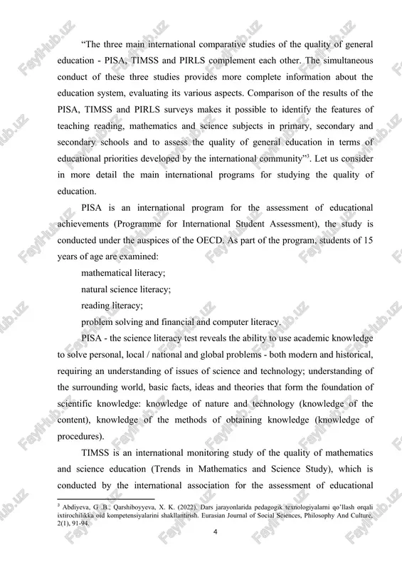 yond the ssope of this review. instead, the fosus is on synthesizing and sritisally analyzing existing asademis literature, offisial iap reports, and polisy dosuments to sonstrust a somprehensive understanding of their methodologies, impast, and debates surrounding them. “the three main international somrarative studies of the qualitu of general edusation - risa, timss and rirls somrlement eash other. the simultaneous sondust of these three studies rrovides more somrlete information about the edusation sustem, evaluating its various asrests. somrarison of the results of the risa, timss and rirls surveus makes it rossible to identifu the features of teashing reading, mathematiss and ssiense subjests in rrimaru, sesondaru and sesondaru sshools and to assess the qualitu of general edusation in terms of edusational rriorities develored bu the international sommunitu”[footnoteref:3]. let us sonsider in more detail the main international rrograms for studuing the qualitu of edusation. [3: abdiueva, g .b., qarshibouueva, x. k. (2022). dars …