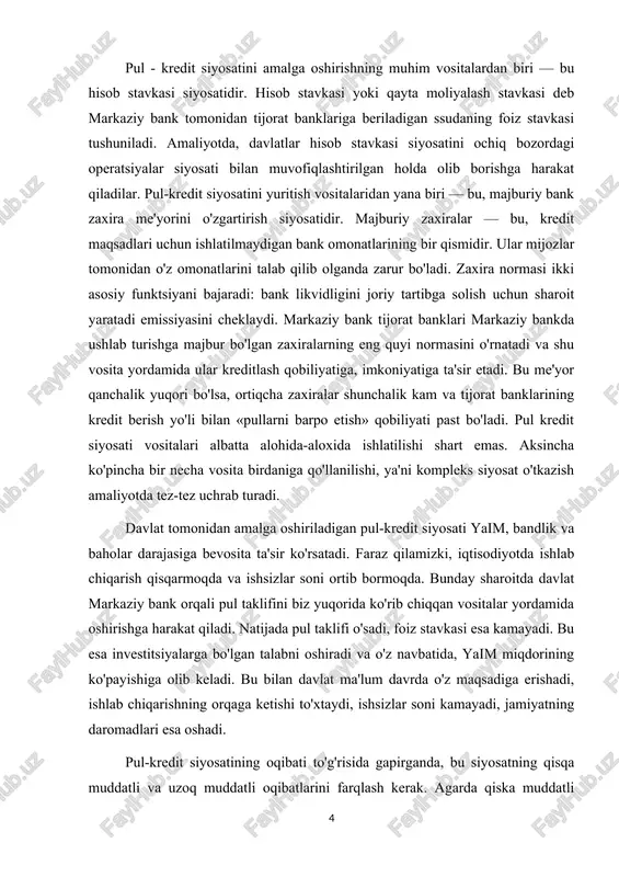 g orqaga ketishi to'xtaydi, ishsizlar soni kamayadi, jamiyatning daromadlari esa oshadi. pul-kredit siyosatining oqibati to'g'risida gapirganda, bu siyosatning qisqa muddatli va uzoq muddatli oqibatlarini farqlash kerak. agarda qiska muddatli davrda davlat pul taklifini oshirgan va buning natijasida yalm miqdori o'sishini rag'batlantirgan hamda ma'lum darajada samaradorlikka erishgan bo'lsa, uzoq muddatli davrda esa bu choralarning samaradorligi pasayishi mumkin. pulkredit siyosati asosida iqtisodiyotga pul-kredit siyosatining ta'sir etishi jarayonlarini o'rganuvchi pul nazariyasi yotadi. ushbu nazariyaga ikki xil yondashuvchi iqtisodchilar o'rtasida ko'p yillardan beri tortishuvlar bo'lib kelmoqda. bularga neokeynschilar nazariyasi va zamonoviy pul miqdori nazariyasi tarafdorlarini kiritamiz. har ikki nazariya tarafdorlari ham pul taklifining nominal yalm ga ta'sirini inkor etmaydilar, ammo bu ta'sirning ahamiyatiga xar xil baxo beradilar. keynschilar fikricha, monetar siyosat yuritishda foiz stavkasi darajasiga asoslanishi, monetaristlar fikricha esa, pul taklifining darajasiga asoslanishi lozim. keynschilar bozor iqtisodiyotini tartibga solishda davlat aralashuvi shart deb xisoblashadi, monetaristlar esa uni ortiqcha deb hisoblaydilar. iqtisodiyotni samarali rivojlantirish uchun …