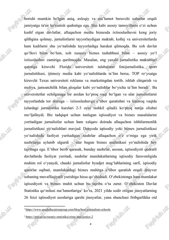 ildan beri qotillik, o’g‘irlik, bezorilik, talonchilik kabi jinoyatlar ro’yxatida peshqadam bo’lib kelmoqda. 2021 yilda byudjet tashkilotlarida ishlovchi 3050 kishi korrupsiyaga qo’l urgan.davlat xaridlari to’g‘risidagi qonun ijrosi buzilishi natijasida 142, 3 mrld. so’m zarar yetkazilgan shu kabi dalillarni, mamlakatda mavjud vaziyatni hisobga olib biz uchun iqtisodiy nashrlarning yanada rivojlanishi muhim. shu sababli, ushbu bitiruv malakaviy ishi orqali xalqaro nashrlar tajribasi o‘rganiladi va o‘zbek nashrlari uchun bir qator tavsiyalar beriladi. [1: https://www.quadeducationgroup.com/blog/best-journalism-schools ] [2: https://stat.uz/uz/rasmiy-statistika/crime-and-justice-2 ] ishning maqsad va vazifalari. ushbu ishda soha bo‘yicha ixtisoslashuv jadal kechmayotgan o‘zbek nashrlari rivojlangan davlatlar, xususan, aqshning xalqaro nufuzli nashrlari bilan solishtirilishi mohiyatan ma’nosiz bo‘lsa-da, uning asosiy maqsadi o‘zbek media segmentidagi iqtisodiy nashrlar rivojlanishida xalqaro nashrlardan andoza olish, ularning tajribasini qanday o‘zlashtirish mumkinligini tahlil qilishga qaratigan. bitiruv malakaviy ishi davomida xalqaro iqtisodiy nashrlarni rivojanish tendensiyasiga e’tibor qaratiladi, bu borada o‘zbek nashrlari qaysi jihatlarga ko‘ra sekin rivojlanayotgani aniqlanadi, turli yo‘nalishlar – iqtisodiy sharhlar va statistik ma’lumotlarni tahlil …