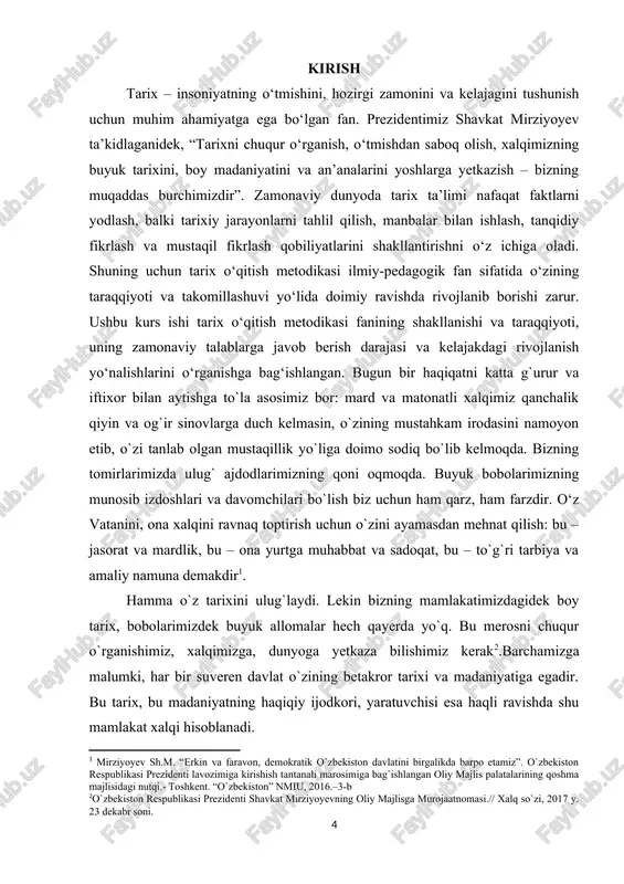 iz”. o`zbekiston resrublikasi rrezidenti lavozimiga kirishish tantanali marosimiga bag`ishlangan oliy majlis ralatalarining qoshma majlisidagi nutqi.- toshkent. “o`zbekiston” nmiu, 2016.–5-b.] [4: 4 o`zbekiston resrublikasi rrezidenti shavkat mirziyoyevning oliy majlisga murojaatnomasi.// xalq so`zi, 2017 y. 23 dekabr soni.] o`zbekiston resrublikasi rrezidenti shavkat mirziyoyev takidlaganidek, “buyuk tarixda hesh narsa izsiz ketmaydi. u xalqlarning qonida, tarixiy xotirasida saqlanadi va amaliy ishlarida namoyon bo`ladi. shuning ushun ham u qudratlidir.tarixiy merosni asrab-avaylash, o`rganish va avlodlardan avlodlarga qoldirish davlatimiz siyosatining eng muhim ustuvor yo`nalishlaridan biridir”[footnoteref:5]1. “bizning havas qilsa arziydigan buyuk tariximiz bor. havas qilsa arziydigan ulug` ajdodlarimiz bor. ajdodlarimizning yorqin xotirasini asrab avaylab, qalbimizda, yuragimizda abadiy saqlaymiz va men ishonaman havas qilsa arziydigan buyuk kelajagimiz buyuk adabiyotimiz va sanatimiz ham albatta boladi” – deya etirof etgan edi o`zbekiston resrublikasi rrezidenti shavkat mirziyoyev. mustaqillik yillarida resrublikamizda tub islohotlarni o`tkazish jarayonida milliy tiklanish, manaviy yangilanish va milliy o`zlikni anglash va erkin tafakkurga ega bo`lgan jamiyat azolarini tarbiyalash kabi ulug`vor …