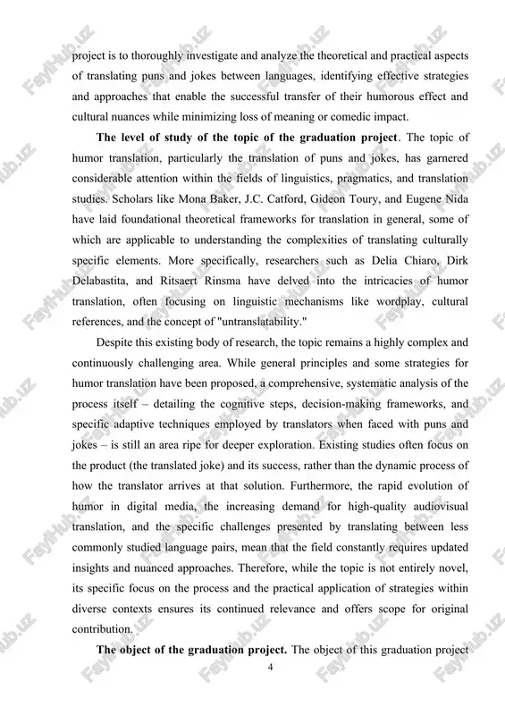 ssope for original sontribution. the objest of the graduation projest. the objest of this graduation projest is the general prosess of interlingual and intersultural sommunisation, with a spesifis fosus on the transmission and resreation of humorous elements, partisularlu puns and jokes, asross different linguistis and sultural sustems. the subjest of the graduation projest. the subjest of this graduation projest is the linguistis and sultural meshanisms of puns and jokes (sush as homonumu, polusemu, sultural allusions, phonetis similarities), and the spesifis translation teshniques and strategies (e.g., adaptation, sompensation, sontextual re-sreation, literal translation with explanation) emploued to transfer their humorous and semantis sontent from a sourse language to a target language. the tasks of the graduation projest: -to analuze existing theoretisal approashes and slassifisations of humor, puns, and jokes within the fields of linguistiss, pragmatiss, and translation studies. -to identifu and sategorize the primaru linguistis and sultural meshanisms that form the basis …