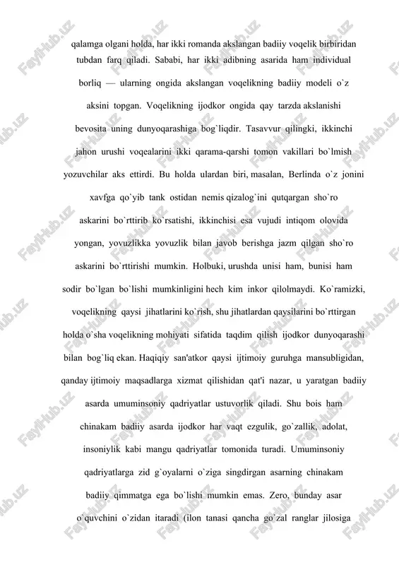 ziga bo`lsa-da maqsadga yetishni oqlagan mafkura insoniylikdan butkul yiroq tushadi. san'atning injaligini ko`ringki, umuminsoniy qadriyatlarga zid mafkuraning badiiyat bobida biror arzigulik mahsul berishi mahol — bunday mafkura chinakam badiiy qadriyatlar yaratishga ojizdir. adabiyot va mafkura munosabati qanday bo`lishini quyidagicha izohlash mumkin: ijodkor muayyan mafkuraga moyil bo`lgani holda uning estetik ideali umuminsoniy qadriyatlar asosiga qurilgan, demakki, bu idealda ko`hna zamonlardan beri ajdodlarimiz intilib yashayotgan ezgu maqsadlar o`zining quyuqlashgan ifodasini topgan. umuminsoniy qadriyatlar asosiga qurilgan ideal zamonda cheklangan emas: ideal — ajdodlarimiz eng qadim zamonlardan intilib yashagan ezgu maqsadlar avloddan avlodga to`lishib, mukammallashib, sayqallanib boradiki, bu jarayon uzluksiz va beniyahoyadir. muayyan mafkura ko`zlagan maqsad esa ancha yaqin, unga ma'lum (cheklangan, yaqin kelajakdagi) vaqtda yetishiladi. ya'ni, agar asar konkret mafkuranigina targ`ib etishga xizmat qilgudek bo`lsa, uning umri o`sha maqsadga yetilgunga (yoki o`sha mafkuraning asosi puch ekanligi ayon bo`lgunga) qadar bo`ladi xolos. holbuki, chinakam badiiy asar mangulikka bo`ylashmog`i lozim, u vaqt e'tibori bilan chegaralangan …