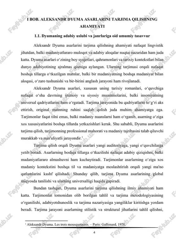 kontekstini boshqa til va madaniyatga moslashtirish orqali yangi ma'no qatlamlarini kashf qilishadi. shunday qilib, tarjima dyuma asarlarining global miqyosda tanilishi va ularning universalligi haqida gapiradi. bundan tashqari, dyuma asarlarini tarjima qilishning ilmiy ahamiyati ham katta. tarjimonlar tomonidan olib borilgan tahlil va tarjima metodologiyasining o‘rganilishi, adabiyotshunoslik va tarjima nazariyasiga yangiliklar kiritishga yordam beradi. tarjima jarayoni asarlarning stilistik va struktural jihatlarini tahlil qilishni, lingvistik va madaniy farqlarni aniqlashni talab qiladi. bu esa, o‘z navbatida, tarjima ilmida yangi yondashuvlar va metodlarni ishlab chiqish imkoniyatini yaratadi. shu bilan birga, dyuma asarlarini tarjima qilish, o‘zbek adabiyotshunosligi va tarjima ilmi rivojiga ham katta hissa qo‘shadi. o‘zbek tilida mavjud bo‘lgan dyuma asarlari tarjimasi haqida ko‘plab izlanishlar yo‘q, shuning uchun bu boradagi tadqiqotlar o‘zbek tilida tarjima ilmini yanada boyitishga yordam beradi. tarjima jarayoni davomida dyuma asarining haqiqiy mohiyatini va tilining go‘zalligini saqlab qolish, o‘zbek o‘quvchisiga bu asarlarni to‘liq anglash imkoniyatini yaratadi. shunday qilib, aleksandr dyuma asarlarini tarjima qilish …