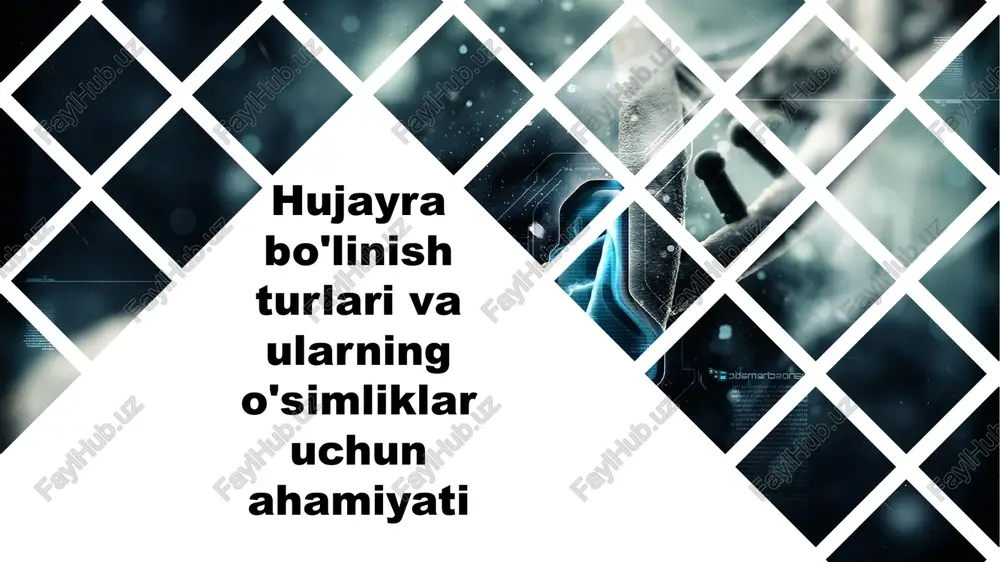 imliklar uchun yangi sharoitlarga moslashishda yordam beradi. hujayra bo'linishining o'simliklar hayotidagi roli amitoz, mitoz va meyoz haqida umumiy tushuncha series 1 category 1 category 2 category 3 category 4 43 25 35 4.5 series 1 category 1 category 2 category 3 category 4 43 25 35 4.5 mitoz va meyozning o'simliklarda ahamiyati mitoz va meyoz o'simliklar hayotida juda muhim bo'lib, ular turli jarayonlar orqali o'simliklarning o'sishiga, rivojlanishiga, ko'payishiga va genetik xilma-xillikni ta'minlashga yordam beradi. ushbu bo'limda mitoz va meyozning o'simliklardagi ahamiyati batafsil yoritiladi. mitoz o'simliklarning o'sish jarayonida asosiy rol o'ynaydi. o'simliklarning ildizlari, barglari, gullari, shoxlari va boshqa organlarining rivojlanishi mitoz orqali amalga oshadi. har bir yangi hujayra mitoz jarayoni orqali hosil bo'lib, o'simlikning turli tuzilmalarini tashkil etadi. o'sish va rivojlanish o'simliklar mitoz yordamida jarohatlangan yoki o'zgarishlar yuzaga kelgan qismlarini tiklaydi. masalan, barglar yoki ildizlar kesilgan bo'lsa, mitoz jarayoni yordamida yangi hujayralar ishlab chiqariladi va shikastlangan tuzilma tezda tiklanadi. zararlardan tiklanish …