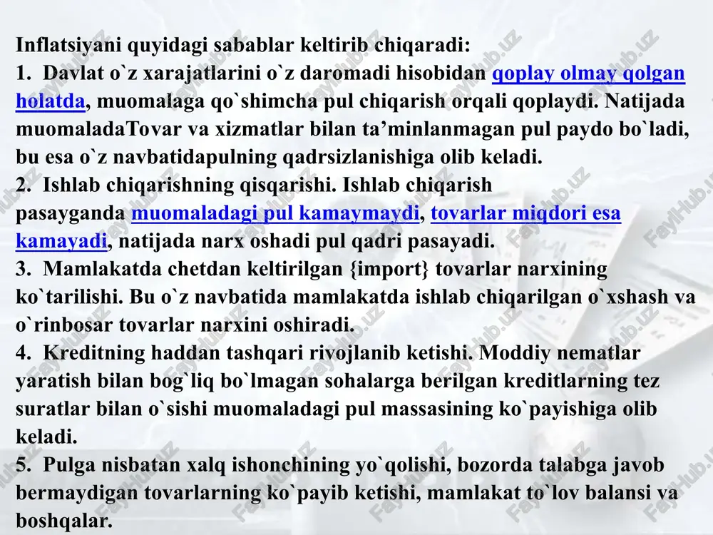 qarish hajmining pasayishi aholining turli qatlamlariga kutilmagan inflyatsiyaning ta’siri qayd etilgan daromad oluvchilarga kutilmagan inflyatsiya eng kuchli salbiy ta’sir etadi. qarz oluvchilar uchun kutilmagan inflyatsiyaning yuqori darajasi qulay bo‘lsa, qarz beruvchilar uchun zararlidir. agarda jamg‘armalardan olinadigan daromad inflyatsiya darajasidan past bo‘lsa, unda inflyatsiya shu jamg‘armalarning real qiymatini kamaytiradi. milliy daromadga inflyatsiyaning ta’siri ishsizlik milliy daromad o‘sadi kamayadi mo‘tadil talab inflyatsiyasi xarajatlar o‘sishi bilan kelib chiqadigan inflyatsiya kamayadi o‘sadi giperinflyatsiya keskin kamayadi keskin o‘sadi inflyatsiyaga qarshi kurashda yo‘qotishlar va natijalarning nisbati: ba’zi bir empirik ma’lumotlarga ko‘ra inflyatsiyani 2%ga pasaytirish uchun bir yillik yammning 5% dan voz kechish kerak, inflyatsiyaning 1% ga kamayishi davriy ishsizliknining 2,5% ga oshishini talab qiladi. fillips egri chizig‘i fillips egri chizig‘i – ishsizlik darajasi bilan inflyatsiya sur’atlari o‘rtasidagi teskari bog‘liqlikni aks ettiradigan grafik ifoda: inflyatsiya kutilaetgan (davriy taklifning keskin nflyatsiya ishsizlik) o‘zgarishlari inflyatsiya u ishsizlik aksilinflyatsiya siyosati – etiboringiz uchun raxmat * umumiy narxlar darajasining ko‘tarilishi inflyatsiya …