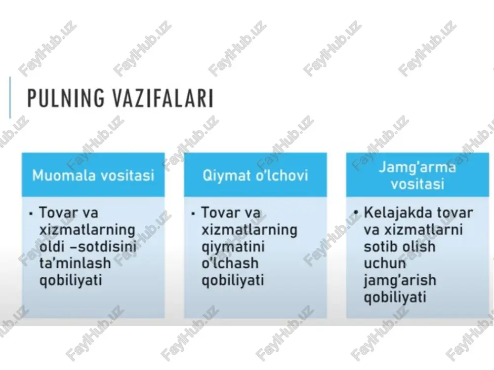 vlarining eng likvidli turi; » hamma tan olgan to'lov va muomala vositasi bo'lib, har qanday tovar va xizmatlarga ayirboshlanadi hamda qgarz to'lash uchun ishlatiladi; + umumiy ekvivalent bo'lmish bu maxsus tovar pulning barcha vazifalarini bajaradi pulning shakllari naqd pullar naqdsiz pullar qog’oz va tanga banklar pullar shaklidagi hisoblaridagi pul to'lov vositalari vositalari | pulning vazifalari fests 5 ii f jamg’arma bilities + tovar va - tovar va + kelajakda tovar xizmatlarning xizmatlarning va xizmatlarni oldi -sotdisini giymatini sotib olish ta’minlash o'lchash uchun qgobiliyati qgobiliyati jamg'arish qobiliyati (m/p)' =k y pullarga bo‘lgan talabning asosiy sabablari * joriy bitimlar uchun naqd pulga bo'lgan ehtiyoj m (“i -nv p } | 2 2 *ko'zda tutilmagan xarajatlar uchun ehtiyotkorlik naqd pulga bo'lgan ehtiyoj sababi xn j (a - } 2 *kelajakda boyligini ko'paytirish spekulyativ uchun qulay holatda moliya aktivlari otdi-sotdisi uchun pulga bo'lgan p | pul bo’lgan talab funksiyasi pul bo’lgan talab funksiyasiga ta’sir …