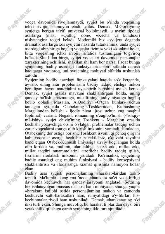 q u mavqe jihatidan syujet tipini belgilashga ojizlik qiiadi. syujetning ikkinchi tipiga asoslangan asarlar adabiyotimizda ancha keyin, 80-yillardan boshlabmaydonga kela boshladi. hozircha, syujetning mazkur navinasming kichik shakllarida, shuningdek, bir qator dramatik (masalan, sh.boshbekovning «taqdir eshigi», «eshik qoqqan kim bo'ldi» pesalari) sinab ko'rildi. xususan, a.a'zamning «bu kunning davomi», «asqartog' tomonlarda» nomli qissalarida voqealar o'z holicha emas, personaj ruhiyatidagi jarayonga turtki berishi jihatidan ahamiyat kasb etadi. asar davomida personajlar hayotida, taqdirida yoki ijtimoiy holatida emas, uning ruhiyatidagina burilishlar, o'zgarishlar sodir bo'ladi. badiiy asarda tasvirlangan voqealar bir' tizimga 'bog'lanar ekan, ular orasida asosan ikki turli munosabat kuzatiladi. syujetdagi voqealaming o'zaro munosabatiga ko'ra xronikali va konsentrik syujet turlari ajratiladi. xronikali syujetda voqealar orasida vaqt munosabati(a voqea yuz berganidan so'ng b voqea yuz berdi) yetakchilik qilsa, konsentrik syujet voqealar.i orasida sabab-natija munosabati (a voqea yuz bergani uchun b voqea yuz berdi) yetakchilik qiladi. kelib chiqishiga ko'ra xronikali syujetlar qadimiyroq sanaladi. xronikali syujet qahramon taqdirini davriy …