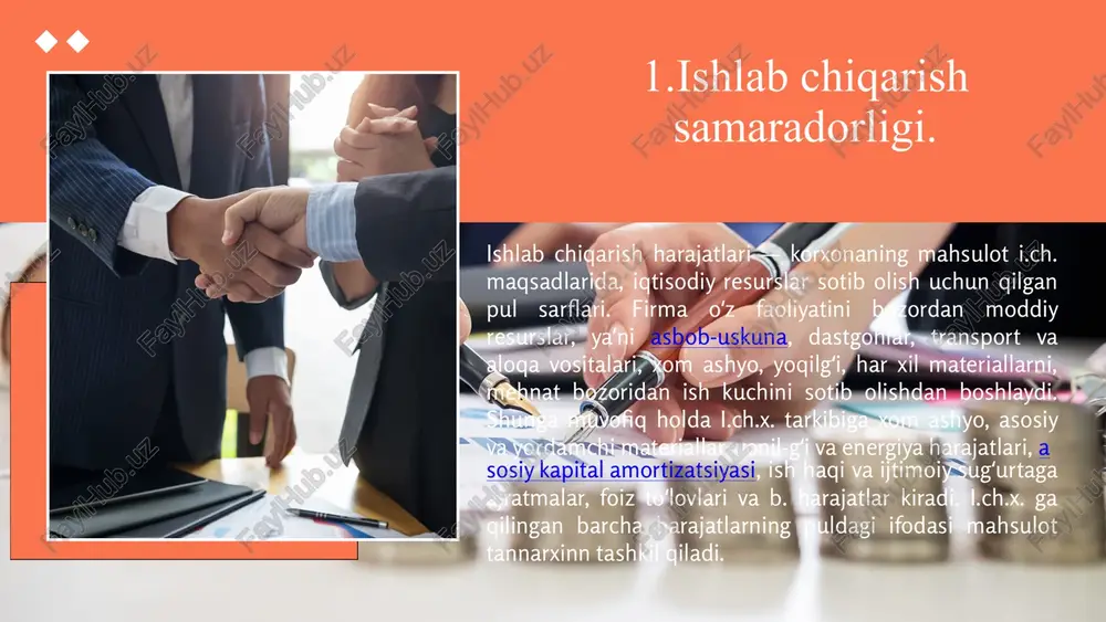 sh jarayonida chiqindilarni kamaytiradi. raqobat muhiti: raqobatning kuchliligi kompaniyalarni innovatsiyalar va samaradorlikni oshirishga undaydi. 4 5 6 infratuzilma: transport, energiya va aloqa tizimlarining rivojlanganligi ishlab chiqarish samaradorligiga ta'sir qiladi. iqtisodiy siyosat: davlatning iqtisodiy siyosati, investitsiyalar va qo‘llab-quvvatlash dasturlari ham muhim omil hisoblanadi. ijtimoiy va madaniy omillar: ijtimoiy barqarorlik va madaniy qadriyatlar ishchi kuchining motivatsiyasiga ta'sir qiladi. 7 8 9 korxonalarda moliyaviy menejment tizimini samarali tashkil qilinganligi ma’lum ma’noda ulardagi axborot (informatsion) bazasi va ularning qanday turlaridan foydalanishlariga bog‘liqdir. albatta., har qanday ho‘jalik subyektlarining faoliyatini to‘g‘ri yo'lga qo'yish, ularda samarali boshqaruv tizimini tashkil qilish hamda istiqboldagi ustuvor yo‘nalishlarni belgilashda boshqaruv subyektlari, xususan, moliyaviy menejeming axborot ta’minot tizimi yoki zaruriy ma’lumotlar bilan ta’minlanganligi va ulardan foydalanishning samarali tashkil qilinganligi muhim va dolzarb hisoblanadi. ayniqsa hozirgi kunda mamlakatimiz va jahonda yuz berayotgan hodisa va jarayonlarning yuqori sur’atlar bilan o‘zgarayotganligi va takomillashib borayotganligini inobatgan olgan holda ushbu tizim korxonalar xo'jalik-moliyaviy faoliyatida kundalik zaruriy ehtiyojga …
