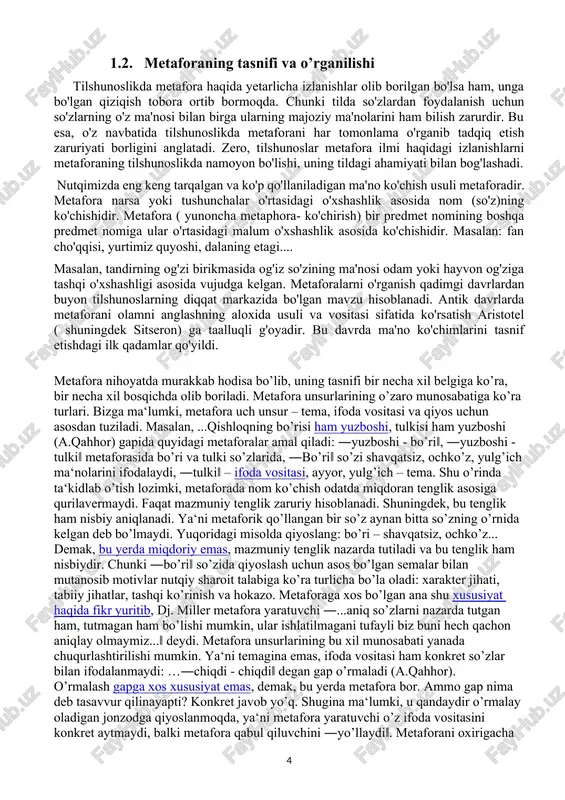rning og'zi birikmasida og'iz so'zining ma'nosi odam yoki hayvon og'ziga tashqi o'xshashligi asosida vujudga kelgan. metaforalarni o'rganish qadimgi davrlardan buyon tilshunoslarning diqqat markazida bo'lgan mavzu hisoblanadi. antik davrlarda metaforani olamni anglashning aloxida usuli va vositasi sifatida ko'rsatish aristotel ( shuningdek sitseron) ga taalluqli g'oyadir. bu davrda ma'no ko'chimlarini tasnif etishdagi ilk qadamlar qo'yildi. metafora nihoyatda murakkab hodisa bo’lib, uning tasnifi bir necha xil belgiga ko’ra, bir necha xil bosqichda olib boriladi. metafora unsurlarining o’zaro munosabatiga ko’ra turlari. bizga ma‘lumki, metafora uch unsur – tema, ifoda vositasi va qiyos uchun asosdan tuziladi. masalan, ...qishloqning bo’risi ham yuzboshi, tulkisi ham yuzboshi (a.qahhor) gapida quyidagi metaforalar amal qiladi: ―yuzboshi - bo’ri‖, ―yuzboshi - tulki‖ metaforasida bo’ri va tulki so’zlarida, ―bo’ri‖ so’zi shavqatsiz, ochko’z, yulg’ich ma‘nolarini ifodalaydi, ―tulki‖ – ifoda vositasi, ayyor, yulg’ich – tema. shu o’rinda ta‘kidlab o’tish lozimki, metaforada nom ko’chish odatda miqdoran tenglik asosiga qurilavermaydi. faqat mazmuniy tenglik zaruriy hisoblanadi. shuningdek, …