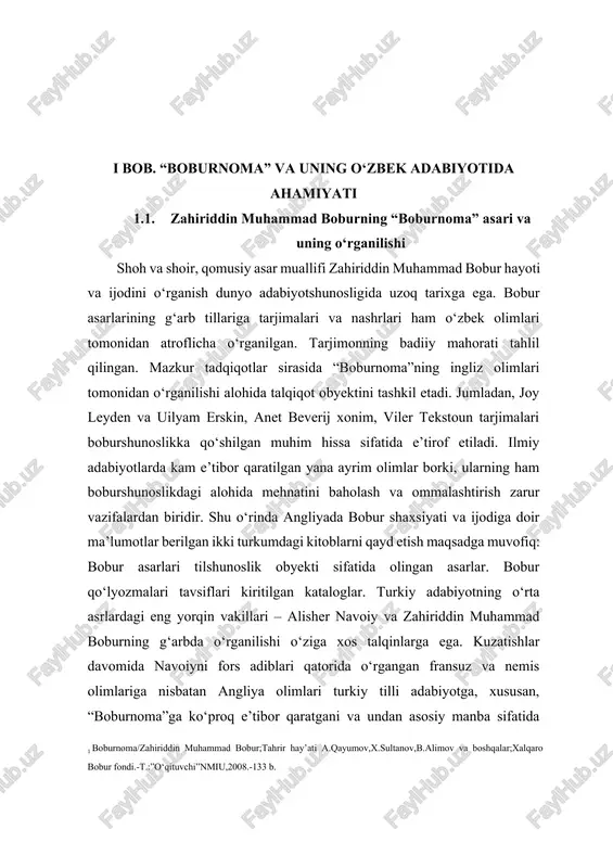 babi – hindistonning mustamlaka qilinishi va u yerdagi adabiy merosning ingliz olimlari tomonidan nashrga tayyorlanishi bilan ham bog‘lab talqin qilish mumkin. mustamlaka davlatning tarixini o‘rganish uchun ham “boburnoma” ularda katta qiziqish uyg‘otgani tabiiy hol. bobur ushbu asarda davlat arbobi va tarixchi, ajoyib shoir va harbiy sarkarda, geografik olim va ovchi sifatida gavdalanadi. eski o‘zbek tilida yozilgan ushbu asar mohiyati va mundarijasi jihatidan gerodot asari kabi o‘ziga xos bir insoniy hujjatdir. bundan tashqari, “boburnoma” muallifning o‘zi ishtirok qilgan, yoki eshitgan tarixiy voqealarni o‘ta halollik bilan aks ettiruvchi bebaho yilnoma hamdir. boburni esa huddi mana shu sifati jihatidan jahonadabiyot tarixchisi hisoblanmish gerodotga qiyoslanadi. zahiriddin muhammad boburning “boburnoma” voqeyi-ilmiy-sarguzasht asari mumtoz adabiyotimizning eng nodir nasriy namunalari sifatida hayotni haqiqqoniy aks ettirgani, o‘ziga xos uslubi bilan alohida qadrlidir. navoiy asarlari so‘ng “boburnoma” turkiy tilda yaratilgan badiiy, ilmiy nasr javohiri sifatida bugungi kunda dunyodagi yuzlab yirik fan tadqiqotchilari diqqatini o‘ziga tortib kelmoqda. “boburnoma”ning xvi asrdagi …