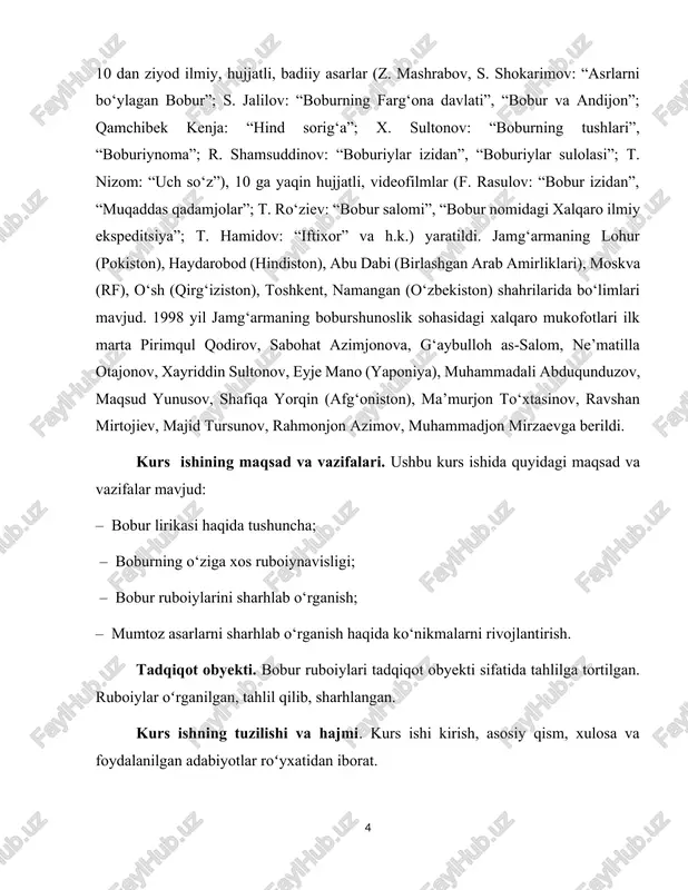 rini sharhlab o‘rganish; – mumtoz asarlarni sharhlab o‘rganish haqida ko‘nikmalarni rivojlantirish. tadqiqot obyekti. bobur ruboiylari tadqiqot obyekti sifatida tahlilga tortilgan. ruboiylar oʻrganilgan, tahlil qilib, sharhlangan. kurs ishning tuzilishi va hajmi. kurs ishi kirish, asosiy qism, xulosa va foydalanilgan adabiyotlar roʻyxatidan iborat. i bob. zahiriddin muhammad bobur lirikasi 1.1 zahiriddin muhammad bobur hayoti va ijodi ulug‘ o‘zbek shoiri, mutafakkir, tarixchi va davlat arbobi, markazlashgan davlat va boburiylar saltanati asoschisi zahiriddin muhammad bobur 1483-yil 14-fevralda andijon shahrida tug‘ilgan. boburning yoshligi andijonda o‘tgan. bobur barcha temuriy shahzodalar kabi maxsus tarbiyachilar, yirik fozilu ulamolar ustozligida harbiy ta’lim, fiqh ilmi, arab va fors tillarini o‘rganadi, ko‘plab tarixiy va adabiy asarlar mutolaa qiladi, ilm-fanga, she’riyatga qiziqa boshlaydi. dovyurakligi va jasurligi uchun u yoshligidan «bobur» ( sher) laqabini oladi. bobur otasi yo‘lidan borib, mashhur sufiy – xoja ahrorga ixlos qo‘yadi va uning tariqati ruhida voyaga yetadi, umrining oxiriga qadar shu e’tiqodga sodiq qoladi. keyinchalik, “boburnoma” asarida bobur …