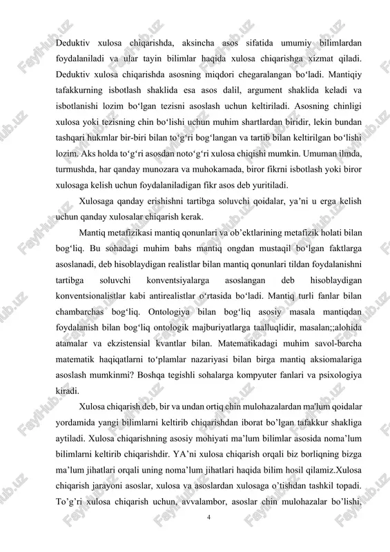 ya ehtimoliy xulosa chiqarish deb karalishi, bevosita xulosa chiqarish esa deduktiv xulosa chiqarishning bir turi sifatida oʻrganilishi mumkin. xulosa chiqarish nazariyasining yaratilishi va uni rivojlantirishda aristotel, forobiy, ibn sino, f. bekon, m.i.karinskiy, l.v.rutkovskiy va boshqa mantiqshunos olimlarning xizmati katta. asos – mantiqiy tafakkurning muhim shakli hisoblangan xulosa chiqarishning tarkibiy qismlaridan biri. chinligi amaliyotda tekshirilgan va isbotlangan ma’lum fikrni ifodalaydi. undan noma’lum fikrni – xulosani keltirib chiqarish uchun foydalaniladi. induktiv xulosa chiqarishda asos miqdori chegaralanmagan boʻlib, tayin bilimlarni ifodalaydi va umumiy xulosa keltirib chiqarish uchun xizmat qiladi. deduktiv xulosa chiqarishda, aksincha asos sifatida umumiy bilimlardan foydalaniladi va ular tayin bilimlar haqida xulosa chiqarishga xizmat qiladi. deduktiv xulosa chiqarishda asosning miqdori chegaralangan boʻladi. mantiqiy tafakkurning isbotlash shaklida esa asos dalil, argument shaklida keladi va isbotlanishi lozim boʻlgan tezisni asoslash uchun keltiriladi. asosning chinligi xulosa yoki tezisning chin boʻlishi uchun muhim shartlardan biridir, lekin bundan tashqari hukmlar bir-biri bilan toʻgʻri bogʻlangan va tartib …