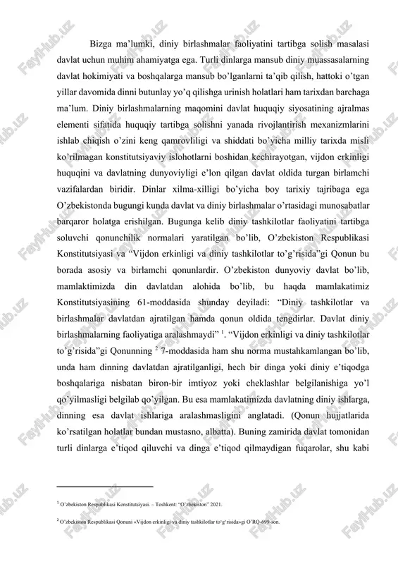 “diniy tashkilotlar va birlashmalar davlatdan ajratilgan hamda qonun oldida tengdirlar. davlat diniy birlashmalarning faoliyatiga aralashmaydi” [footnoteref:1]. “vijdon erkinligi va diniy tashkilotlar to’g’risida”gi qonunning [footnoteref:2] 7-moddasida ham shu norma mustahkamlangan bo’lib, unda ham dinning davlatdan ajratilganligi, hech bir dinga yoki diniy e’tiqodga boshqalariga nisbatan biron-bir imtiyoz yoki cheklashlar belgilanishiga yo’l qo’yilmasligi belgilab qo’yilgan. bu esa mamlakatimizda davlatning diniy ishlarga, dinning esa davlat ishlariga aralashmasligini anglatadi. (qonun hujjatlarida ko’rsatilgan holatlar bundan mustasno, albatta). buning zamirida davlat tomonidan turli dinlarga e’tiqod qiluvchi va dinga e’tiqod qilmaydigan fuqarolar, shu kabi tashkilotlar o’rtasida o’zaro murosa va hurmat o’rnatilishiga ko’maklashishi, ular o’rtasida vujudga kelishi mumkin. [1: o’zbekiston respublikasi konstitutsiyasi. – toshkent: “o’zbekiston” 2021.] [2: o’zbekiston respublikasi qonuni «vijdon erkinligi va diniy tashkilotlar to‘g‘risida»gi o’rq-699-son.] “zamonaviy dunyoda ijtimoiy fanlar: nazariy va amaliy izlanishlar” nomli ilmiy, masofaviy, onlayn konferensiya bo’lgan qarama-qarshilik va keskinliklarning oldini olishi, diniy konfessiyalar o’rtasidagi tinchlik va totuvlikni qo’llab-quvvatlashi, diniy tashkilotlar zimmasiga davlat o’zining hech …