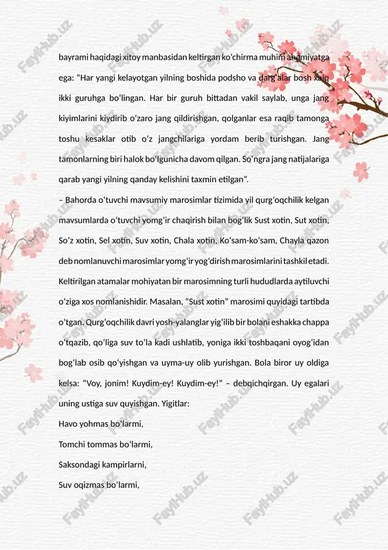 kiyimini kiydirib, “sut xotin” qo‘shig‘ini kuylab, yetti uyga olib borishgan. xonadonlardan yig‘ilgan bo‘g‘doy un qilinib maxsus taom tayyorlangan. “sel xotin” marosimida boshiga g‘alvir kiygan uch xotin qo‘shiq aytib xonadonma-xanodon yurishgan. chala xotin, ko‘sam-ko‘sam, chayla qazon marosimlarida ham xotin obrazi asosiy o‘rin egallaydi. “sust xotin” marosimlari qadim ajdodlarimizning “osmon suvlari”, yog‘in-sochin egasi sifatida qaralgan tishtriya yulduzi kulti bilan bog‘liq marosimlarning aks-sadosi sifatida baholanadi. yozda o‘tuvchi marosimlar bevosita dehqonchilik mavsumining yoz davriga to‘g‘ri keladi. yozda g‘allalar o‘rib bo‘lingach yig‘ilgan hosilni yanchib olish uchun mavsumda kerakli shamolning bo‘lishi yoki aksincha yil qurg‘oq kelib chang-to‘zon quyinning to‘xtashi uchun maxsus marosimlar o‘tkazishgan. “choymomo”, “yalli momo” shamolni to‘xtatish uchun uyushirilgan marosimlar bo‘lsa, “haydar”, “ajdar bobo”, “yalang‘och ota” kultlari bilan bog‘liq irim-sirimlar shamol chaqirishga bog‘liq tashkil etilgan. “oblo baraka”, “haqullo” marosimlari esa g‘alla o‘rimini tugatish va bug‘doyni yanchib olish davomida tashkil etilgan. bu marosim va irim sirimlarda kuylanuvchi qo‘shiqlar yozgi marosimlar folklori hisoblanadi. oilaviy marosimlar tizimi ham …