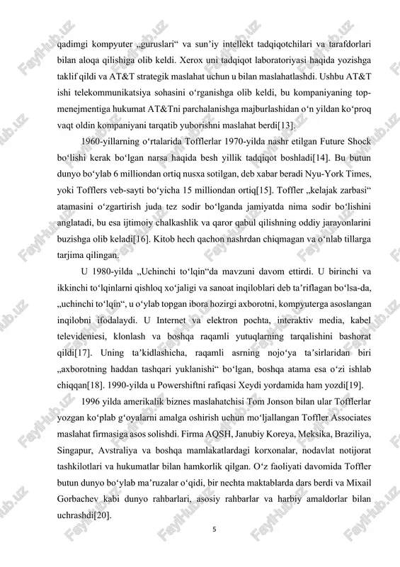 dia, kabel televideniesi, klonlash va boshqa raqamli yutuqlarning tarqalishini bashorat qildi[17]. uning taʼkidlashicha, raqamli asrning nojoʻya taʼsirlaridan biri „axborotning haddan tashqari yuklanishi“ boʻlgan, boshqa atama esa oʻzi ishlab chiqqan[18]. 1990-yilda u powershiftni rafiqasi xeydi yordamida ham yozdi[19]. 1996 yilda amerikalik biznes maslahatchisi tom jonson bilan ular tofflerlar yozgan koʻplab gʻoyalarni amalga oshirish uchun moʻljallangan toffler associates maslahat firmasiga asos solishdi. firma aqsh, janubiy koreya, meksika, braziliya, singapur, avstraliya va boshqa mamlakatlardagi korxonalar, nodavlat notijorat tashkilotlari va hukumatlar bilan hamkorlik qilgan. oʻz faoliyati davomida toffler butun dunyo boʻylab maʼruzalar oʻqidi, bir nechta maktablarda dars berdi va mixail gorbachev kabi dunyo rahbarlari, asosiy rahbarlar va harbiy amaldorlar bilan uchrashdi[20]. gʻoyalar va fikrlar toffler 1998-yilda avstraliya telekoʻrsatuv korporatsiyasi bilan suhbat davomida koʻplab gʻoyalarini bayon etdi[21].jamiyatga keksalarga gʻamxoʻrlik qiladigan, mehr-oqibatli, halol boʻlishni biladigan insonlar kerak. „jamiyat kasalxonalarda ishlaydigan odamlarga muhtoj. jamiyat nafaqat kognitiv koʻnikmalarga muhtoj; ular hissiy, ular mehrli. jamiyatni faqat maʼlumotlar va kompyuterlar …