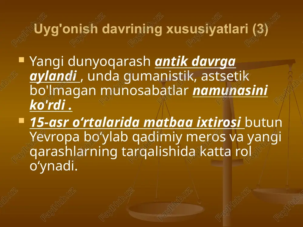 lir), obrazning poetiklashuvi, ajoyib tuyg'uga ega bo'lish qobiliyati va shu bilan birga fojiali to'qnashuvning yuqori intensivligi bilan tavsiflanadi ("romeo va julietta") . ”), odamning unga dushman kuchlar bilan to'qnashuvini aks ettiradi. uyg'onish davri adabiyoti janrlari (1) uyg'onish davri adabiyoti turli janrlar bilan ajralib turadi. ammo ma'lum adabiy shakllar ustunlik qildi. eng mashhur janr qissa bo'lib, u uyg'onish davri qissasi deb ataladi. she'riyatda u sonetning eng xarakterli shakliga aylanadi (ma'lum bir qofiya bilan 14 qatordan iborat bayt). juda rivojlanmoqda . uyg'onish davrining eng ko'zga ko'ringan dramaturglari ispaniyada lope de vega va angliyada shekspirdir . uyg'onish davri adabiyoti janrlari (2) jurnalistika va falsafiy nasr keng tarqalgan . italiyada giordano bruno o'zining yangi falsafiy tushunchalarini yaratadi. angliyada tomas more o'zining "utopiya" kitobida utopik kommunizm g'oyalarini ifodalaydi. mishel de montaigne ("tajribalar") va erasmus rotterdamlik ("ahmoqlik maqtovi") kabi mualliflar keng tanilgan . dante aligyeri toʻliq ismi durante degli aligyeri (1265-1321) - italyan shoiri, italyan adabiy …