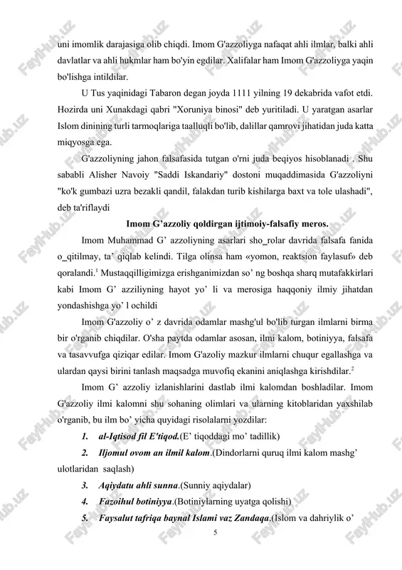 m g'azoliy mazkur ilmlarni chuqur egallashga va ulardan qaysi birini tanlash maqsadga muvofiq ekanini aniqlashga kirishdilar.2 imom g’ azzoliy izlanishlarini dastlab ilmi kalomdan boshladilar. imom g'azzoliy ilmi kalomni shu sohaning olimlari va ularning kitoblaridan yaxshilab o'rganib, bu ilm bo’ yicha quyidagi risolalarni yozdilar: 1. al-iqtisod fil e'tiqod.(e’ tiqoddagi mo’ tadillik) 2. iljomul ovom an ilmil kalom.(dindorlarni quruq ilmi kalom mashg’ ulotlaridan saqlash) 3. aqiydatu ahli sunna.(sunniy aqiydalar) 4. fazoihul botiniyya.(botiniylarning uyatga qolishi) 5. faysalut tafriqa baynal islami vaz zandaqa.(islom va dahriylik o’ rtasidagi bo’ linishning haqiqat mezoni ) 6. al-qistosul mustaqiym.(eng bto’ g’ ri o’ lchov) 7. kimyous saoda.(saodat kimyosi) 8. al-mustazhiriy.(zohir bo’ luvchi) 2 imom g'azzoliyning zamoniga kelib ilmi kalomda turg'unlik yuzaga kelgan edi. ilmi kalom ulamolari o'tib ketgan katta imomlarning gaplarini mahkam tutib turishdan boshqa ishni qilmas edilar. qadimgi gaplardan qilcha chetlanish yo'l qo'yib bo'lmaydigan narsa degan tushunchani qadrlar edilar. zamon o'tishi bilan eskirib qolgan so'z va jumlalar …
