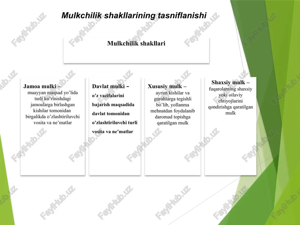 xususan, xususiylashtirish va mulkni boshqarish tajribalari tahlil qilingan. g‘ulomov s.s. bozor iqtisodiyoti asoslari. – toshkent: ma’rifat, 2019. – bozor iqtisodiyotining nazariy jihatlari, mulkchilik shakllari va davlat ishtirokini optimallashtirish masalalari keng yoritilgan. shavkat mirziyoyev. yangi o‘zbekiston – taraqqiyot va islohotlar yo‘lida. – toshkent: ma’naviyat, 2020. – prezidentning davlat mulkini optimallashtirish, xususiy sektorni rivojlantirish bo‘yicha yondashuvlari o‘z ifodasini topgan. oripov m.q., nazarov q.q. iqtisodiy nazariya asoslari. – toshkent: fan va texnologiya, 2022. – mulkchilik, xususiylashtirish va iqtisodiy boshqaruv tamoyillari nazariy va amaliy jihatdan yoritilgan. etiboringiz uhcun raxmat! image1.png jr olli 3 2 2 4 1 | is /li 5| coooceo litt sooo /docprops/thumbnail.jpeg davlat mulkini xususiylashtirish va boshqarish siyosati
