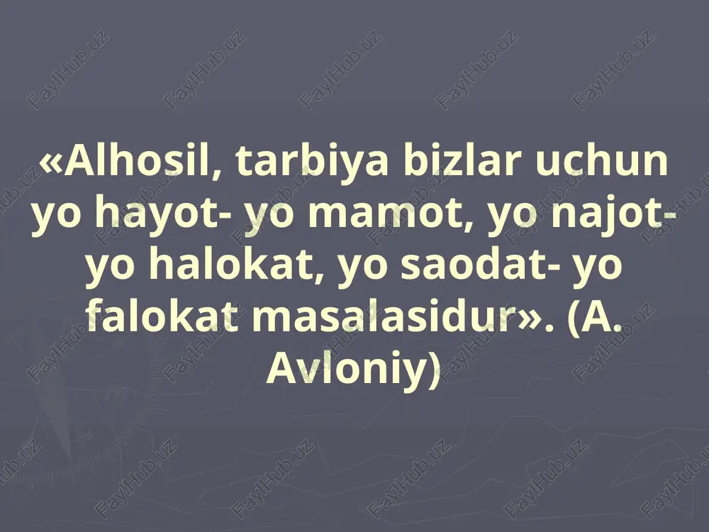 rlari ham ilova qilindi. kitobni nashrga tayyorlashda iqtidorli shogirdlarimiz tavakkalova dilnoza va boboxonova feruzalarning xizmatlari bo’r. asar keng kitobxonlar ommasiga mo’ljallangan ma’rifat darsligidir . uning yoshlarning axloqiy tarbiyasida katta ahamiyatga ega ekanligiga ishonchimiz komildir. nashr haqida bildirilgan fikr-mulohazalar, istaklar mamnuniyat bilan qabul qilinadi. foydalanilgan adabiyotlar foydalanilgan saytlar: 1. ziyonet.uz 2.mashxur.uz 2.ref.uz 4.ziyouz.com adabiyotga e’tibor - ma’naviyatga, kelajakka e’tibor. i. a. karimov e'tiboringiz uchun rahmat!!! image5.png image6.png image7.png image8.png image9.jpeg image1.jpeg image3.jpeg image4.jpeg y3bek advubjiapu @ a a~8 ap n iw. ~ ay @® hcaom kapamob | apabhetia sbthbop— madhabhatia, keaakakka sbtmbop ma ait ¥3bekuctoh y mabhabmat — ehimamac ky haboh| o'zbek adabiyoti “ee