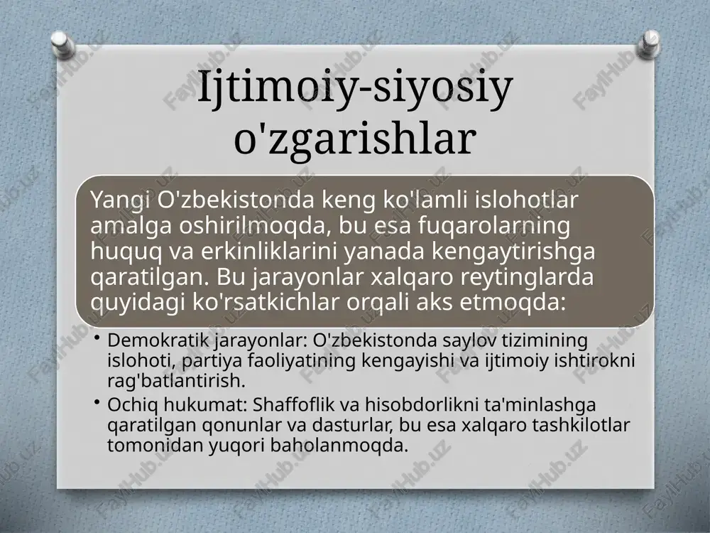 arga chap berish siyosati ekanini aytmoqda. biroq siyosat-to`siqlardan qochish san`atidir. hamma gap bu senda qanday berishi va nimalarni berishida. rossiya bilan 15,5 mlrd dollarlik sarmoyalar va savdo kelishuvlari xitoy bilan 22 mlrd dollarlik savdo va investitsiya kelishuvlari bilan to`ldirildi. bu o`zbekiston yaim yarmidan ko`p. o`zbekiston to`g`ridan-to`g`ri, qandaydir ittifoqlar, alyanslar shakllari bilan cheklanmagan ikki tomonlama aloqalarni rivojlantirish tarafdori. bizda iqtisodiy aloqalarni rivojlantirishning ijobiy, ishonchli dinamikasi bor. rossiyaga o`zbek meva-sabzovot mahsuloti eksporti ancha o`sganini ta`kidlab o`tmoqchiman. joriy yilda u minimum 2 barobarga oshadi. hamda bu chegara emas-ijobiy kayfiyat rossiya bundan manfaatdor ekani bilan mustahkamlangan. ijtimoiy-siyosiy reytinglar ijtimoiy-siyosiy sohalardagi o'zgarishlar, masalan, demokratik jarayonlar va inson huquqlari, xalqaro tashkilotlar tomonidan baholanadi: freedom house indeksi: bu indeks o'zbekistonning demokratik erkinliklar va inson huquqlari bo'yicha pozitsiyasini aks ettiradi. o'zbekistondagi siyosiy islohotlar va fuqarolik jamiyati faoliyati reytingda ijobiy o'zgarishlarga olib kelgan. corruption perceptions index (cpi): o'zbekistonda korrupsiyani kamaytirish uchun amalga oshirilayotgan chora-tadbirlar xalqaro reytinglarda mamlakatning pozitsiyasini yaxshilashga …
