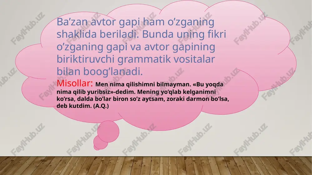 zmiy asarlar uchun xos paxta deydi kulib tovlanib «sevgan kishi meni maqtasin». (u.) dalalar salomga qo’lin cho’zadi. «marhamat qarindoshlar, aziz mehmonlar» o’zbek tilida bazan o’zgalarning gapi ko’chirma gap xolatidagi emas, «ko’chirma gap+avtor gapi» shaklida ifodalanishi mumkin. ko’chirma gap ichida ko’chirma gap qo’llanib, qo’sh ko’chirma gapni hosil qiladi. yakka qo’llanilgan ko’chirma gap avtor gapi bilan «gap+avtor gapi» yoki «avtor gapi+ko’chirma gap» tuzilsa, qo’sh ko’chirma gap «ko’chirma gap+avtor gapi+avtor gapi» sxemasi tuziladi. masalan: «sodir «har bir ishga tajriba ko’zi bilan qarash kerak», -deydi, -dedi karim. bu misolda birinchi ko’chirma gap (har bir ishga tadriba ko’zi bilan qarash kerak) avtor gapi (sobir deydi) bilan yana ko’chirma gapni tashkil qilib, keyingi avtor gapiga-dedi karim gapiga nisbatan ko’chirma gap bo’lib kelgan. ko’chirma gapga yana misol keltiramiz. «sirdaryodan quyosh ko’tariladi, mamlakatga nur oqadi», -deyishgan edi»,-dedi faxrlanib o’ktam. (o.) demak, bunday gaplarda birinchi darajali va ikkinchi darajali ko’chirma gaplar mavjud bo’lib, ikkinchi ko’chirma gap birinchi gapga nisbatan …