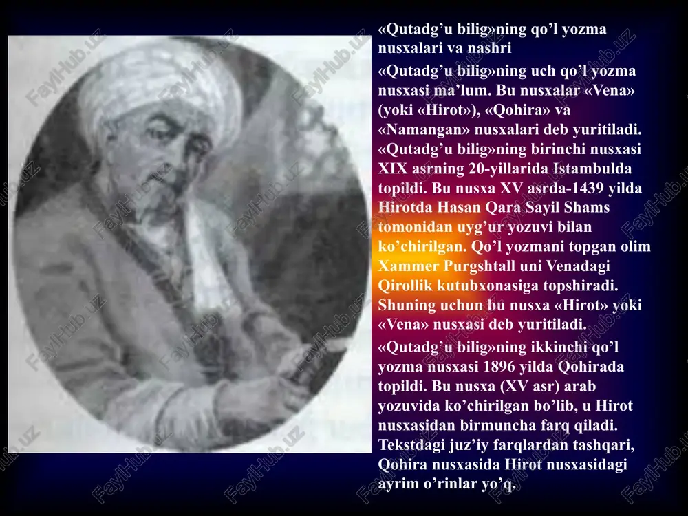 zaro aloqalarini bayon etadi, burch va vazifasi, yurish-turishi va xulq-atvori haqida o’git berdi, turli kasb-korlarga, xususan, dehqonchilik, hunarmandchilik va chorvachilikka doir juda boy so’z va terminlarni ishlatadi. obrazets teksta vtoroy uroven tretiy uroven chetvertiy uroven pyatiy uroven yusuf xos hojib hunarmandlar haqida so’zlar ekan, ular «juda zarur kishilardir... temirchi, tikuvchi, etikchi, suvchi, egarchi, toshchi, o’qchi, kamonchilarning foydasi katta. ularni sanay berib so’zim uzayib ketdi... bu dunyoga ular yaxshilik keltiradilar. ular juda ko’p ajoyib narsalarni ishlaydilar»,-deydi. chorvadorlarni esa shoir qimiz, sut, jun, suzma, pishloq kabi mahsulotlarni etishtirib beruvchi kishilar sifatida taqdirlaydi. obrazets teksta vtoroy uroven tretiy uroven chetvertiy uroven pyatiy uroven modomiki, dehqonlar, hunarmandlar va chorvadorlar jamiyatning moddiy boyliklarini ishlab chiqarar ekanlar, albatta, hukmron doiralar ular bilan yaqinda aloqada bo’lishi, ularning mehnat faoliyatini qo’llab-quvvatlashi lozim. hokim sinfning hayotiy manfaatlari ham shuni talab qiladi. yusuf xos hojibning hukmron tabaqalar oldiga qo’ygan qator talablari (o’qimishli bo’lish, ilm-fan ahllariga homiylik qilish, davlatning qonun-qoidalariga to’la …