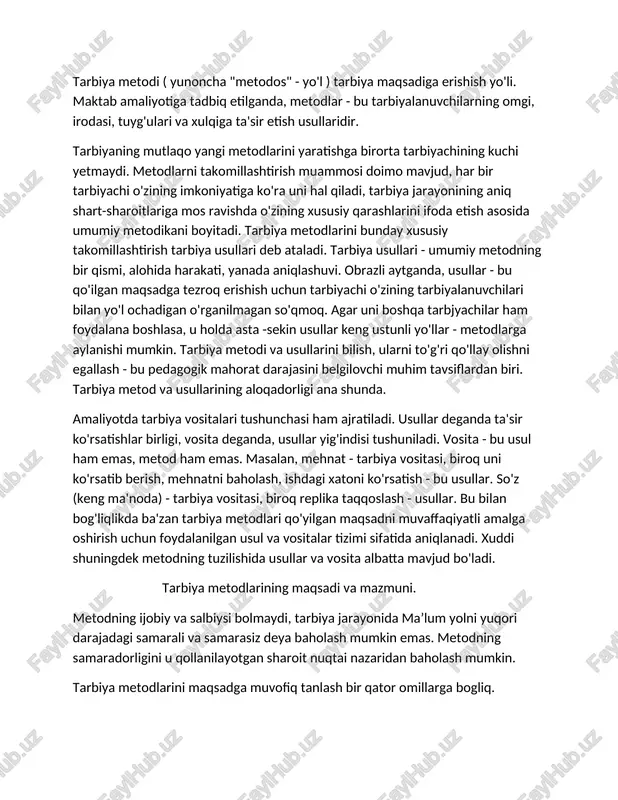 q baho berish ham barham topdi. bu hol tarbiyaga doir hodisa va holatlarni to'g'ri izohlash, tarbiyaviy tadbirlar tizimini to'g'ri tayin etish imkonini berdi. 4.tarbiya fanining predmeti. tarbiya metodlari haqida tushuncha. maqsad, mazmun, shakl kategoriyalari tarbiya jarayonining mohiyati ( u nimaga qaratilgan, nimani to'ldiradi, nimaga yo'naltirilgan, qanday shaklda tugallanadi) ni ochib beradi. biroq, tarbiya mohiyatini yoritishda qanday qilib tarbiyalash savoli bilan aloqador yana bir muhim kategoriya ham mavjud. bu tarbiya metodi tushunchasidir. tarbiya metodi ( yunoncha "metodos" - yo'l ) tarbiya maqsadiga erishish yo'li. maktab amaliyotiga tadbiq etilganda, metodlar - bu tarbiyalanuvchilarning omgi, irodasi, tuyg'ulari va xulqiga ta'sir etish usullaridir. tarbiyaning mutlaqo yangi metodlarini yaratishga birorta tarbiyachining kuchi yetmaydi. metodlarni takomillashtirish muammosi doimo mavjud, har bir tarbiyachi o'zining imkoniyatiga ko'ra uni hal qiladi, tarbiya jarayonining aniq shart-sharoitlariga mos ravishda o'zining xususiy qarashlarini ifoda etish asosida umumiy metodikani boyitadi. tarbiya metodlarini bunday xususiy takomillashtirish tarbiya usullari deb ataladi. tarbiya usullari - umumiy …