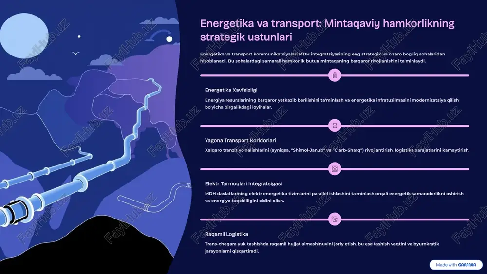 tlar, shuningdek, turli tashqi siyosiy yo'nalishlarning mavjudligi integratsiyaning tezlashuviga to'sqinlik qiladi. iqtisodiy assimetriya mdh davlatlarining iqtisodiy rivojlanish darajasi va tuzilishidagi katta farqlar o'zaro manfaatli kelishuvlarga erishishni qiyinlashtiradi. huquqiy to'siqlar milliy qonunchilikdagi tafovutlar, imzolangan shartnomalarni to'liq bajarishdagi sustkashliklar va texnik normalarning nomuvofiqligi. byurokratik jarayonlar transchegaraviy savdo va investitsiyalar uchun murakkab bo'lgan ortiqcha byurokratik jarayonlar va korruptsiya xavfi. ushbu muammolarni yechish uchun mdh doirasidagi siyosiy irodani mustahkamlash, shaffoflikni oshirish va integratsion mexanizmlarni yanada takomillashtirish talab etiladi. 7 muammolarni hal qilish yo'llari va samarali mexanizmlar mdh integratsiyasining salohiyatini to'liq ro'yobga chiqarish uchun mavjud to'siqlarni bartaraf etuvchi aniq va samarali mexanizmlar joriy etilishi lozim. siyosiy muloqotni kuchaytirish ziddiyatli masalalarni hal qilish uchun muntazam yuqori darajadagi uchrashuvlar o'tkazish. integratsiya jarayonlarining ochiqligini ta'minlash. moliya institutlarini faollashtirish mdh doirasidagi maxsus moliyaviy fondlar (masalan, yevroosiyo taraqqiyot banki) orqali yirik infratuzilma va investitsion loyihalarni qo'llab-quvvatlash. to'lov tizimini integratsiyalash milliy valyutalarda o'zaro hisob-kitoblarni kengaytirish va yagona mdh to'lov tizimini yaratish …