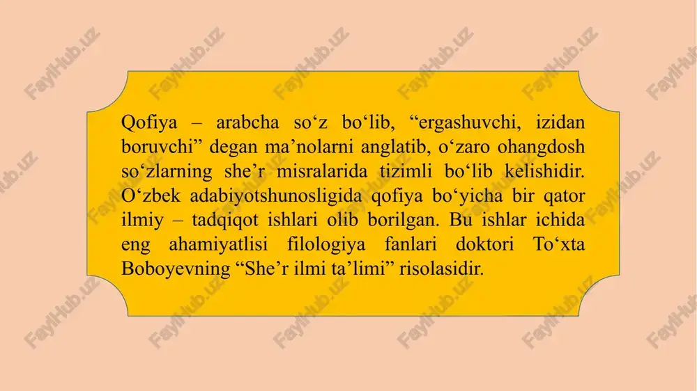 akpora g‘azallar voqyeaband yoki musalsal g‘azallar deb ham yuritiladi. ularda baytlar bir-biri bilan bog‘liq holda keladi. g‘azallar mavzu va g‘oyasi jihatidan oshiqona, orifona, rindona, hajviy, yumoristik, axloqiy-ta'limiy, tabiat manzarasiga bag‘ishlangan bo‘ladi. masnaviy arabcha so‘z bo‘lib, “ikkilik, juft” degan ma'noni bildiradi. masnaviy ikki misradan tarkib topgan, a-a, b-b, v-v va hokazo tarzida qofiyalanadigan she'r shaklidir. voqyealarni erkin ifodalashga qulay bu janrdan sharq adabiyotida keng foydalanilgan. jumladan, firdavsiy “shohnoma”si, nizomiy, dehlaviy, jomiy, navoiy “xamsa”lari, muhammad solihning “shayboniynoma”si masnaviy janrida bitilgan. umuman, muayyan syujetga asoslangan katta hajmli asarlar, xususan, dostonlar, tarjimai hollar, she'riy tarixlar masnaviy yo‘lida yozilgan. e’tiboringiz uchun rahmat! image1.png image2.png image3.png image4.png image5.png image6.png image7.png