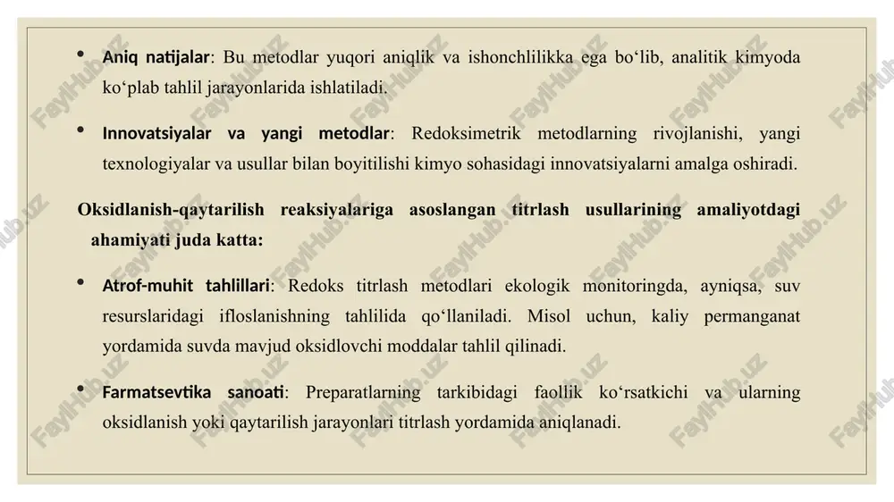 da o‘zining oksidlanish darajasini oshiradi. masalan, temirning oksidlanishi: fe→fe²⁺ +2e− bu yerda temir (fe) elektron yo‘qotib, temir(ii) ioniga aylanadi. qaytarilish — bu moddaning elektron qabul qilish jarayoni. elektron qabul qilgan modda o‘zining oksidlanish darajasini kamaytiradi. masalan, vodorodning qaytarilishi: 2h⁺ +2e⁻→h2​ bu yerda vodorod ionlari (h⁺) elektron qabul qilib, vodorod gaziga (h₂) aylanadi. oksidlanish va qaytarilish jarayonlari bir-birini to‘ldiruvchi jarayonlardir. har doim biror bir modda oksidlanadigan bo‘lsa, uning elektronlarini boshqa modda qabul qiladi, ya'ni qaytariladi. bu ikki jarayon bir vaqtda sodir bo‘ladi, va ular umumiy redoks-reaksiyasini hosil qiladi. masalan, magniy (mg) va kaliy permanganat (kmno₄) o‘rtasidagi reaksiyada magniy oksidlanib, permanganat esa qaytariladi. oksidlanish qismi: elektron yo‘qotish jarayonini o‘z ichiga oladi. bunda oksidlanayotgan modda elektron yo‘qotadi va uning oksidlanish darajasi oshadi. qaytarilish qismi: elektron qabul qilish jarayonini o‘z ichiga oladi. bunda qaytarilayotgan modda elektron qabul qiladi va uning oksidlanish darajasi kamayadi. masalan, quyidagi reaktsiya orqali ikkita moddaning oksidlanish va qaytarilish jarayonlarini ko‘rishimiz …