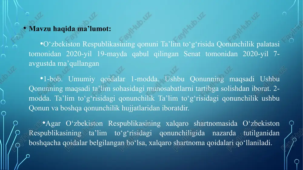 gacha bo‘lgan bolalarni bir yil davomida umumiy o‘rta ta’limga tayyorlashning majburiyligi; davlat ta’lim standartlari va davlat ta’lim talablari doirasida ta’lim olishning hamma uchun ochiqligi; o‘quv dasturlarini tanlashga doir yondashuvning yagonaligi va tabaqalashtirilganligi; insonning butun hayoti davomida ta’lim olishi; jamiyatda pedagoglarni ijtimoiy himoya qilishning kafolatlanganligi; ta’lim tizimining dunyoviy xususiyatga egaligi; bilimlilik, qobiliyatlilik va iste’dodning rag‘batlantirilishi; ta’lim tizimida davlat va jamoat boshqaruvining uyg‘unligi; ta’lim faoliyati sohasidagi ochiqlik va shaffoflik. 5-modda. ta’lim olish huquqi jinsi, irqi, millati, tili, dini, ijtimoiy kelib chiqishi, e’tiqodi, shaxsiy va ijtimoiy mavqeyidan qat’i nazar, har kimga ta’lim olish uchun teng huquqlar kafolatlanadi. o‘zbekiston respublikasi konstitutsiyasining 19-moddasi. ta’lim olish huquqi: ta’lim tashkilotlarini rivojlantirish; ta’lim tashkilotlarida innovatsion faoliyatni qo‘llab-quvvatlash va o‘quv dasturlarini innovatsion texnologiyalarni qo‘llagan holda amalga oshirish; ishlab chiqarishdan ajralgan (kunduzgi) va ajralmagan holda (sirtqi, kechki, masofaviy) ta’lim olishni tashkil etish; kadrlarni tayyorlash, qayta tayyorlash va ularning malakasini oshirish; umumiy o‘rta, o‘rta maxsus ta’limni va boshlang‘ich professional ta’limni bepul …
