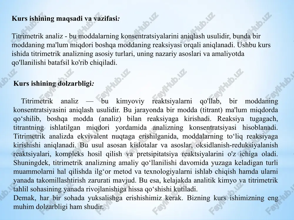 idan yoki reaktantlarning noaniq konsentratsiyasidan kelib chiqadi tasodifiy xatolar: har doim ma'lum bir darajada aniqlik cheklovlariga olib keladi va ularni kam sonli takrorlashlar orqali kamaytirish mumkin ii-bob. asosiy qism. titrimetrik analizning asosiy tushunchalar va uning kimyo sohasidagi o'rni. 2.1. titrimetrik analizning turlari titrimetrik analizning turlari turli kimyoviy reaksiyalarga asoslanadi, har bir tur o‘ziga xos usul va uskunalar talab qiladi. titrimetrik analizning asosiy turlari quyidagilar. 1. kislota va asoslar bilan titrasyon (neytralizatsiya titrasyonu) • tavsif: kislota va asoslar o‘rtasida sodir bo‘ladigan reaksiyalarni tahlil qilish uchun ishlatiladi. kislota va asosning ekvivalent miqdorlari to‘liq reaktsiyaga kirishganidan so‘ng, bir-birini neytrallashtiradi va suv hosil bo‘ladi. 2. redoks titrasyonlari (oksidlanish-reduksiyalanish titrasyonu) • tavsif: bu titrasyon oksidlanish va reduktsiya reaksiyalariga asoslanadi. redoks titrasyonida bir modda oksidlanadi, boshqasi esa reduktsiyalanadi. 3. kompleksometrik titrasyon • tavsif: bu turda metal ionlari bilan kompleks birikmalar hosil qilish asosida titrasyon amalga oshiriladi. metall ionlari titrant bilan reaksiyaga kirishib, kompleks hosil qiladi. 5. …