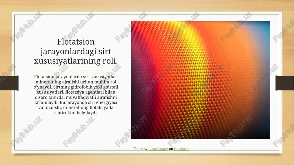 boyitish jarayonlari, yuqori sifatli mineral resurslarni boshqarish va ularni eksport qilish imkoniyatlarini kengaytiradi. xulosa 1 flotatsiya jarayoni ahamiyati - flotatsiya jarayoni mineral boyitishda muhim rol o'ynaydi, bu jarayon qimmatbaho minerallarni ajratishda samarali usul hisoblanadi. 2 o'zbekistondagi resurslar - o'zbekistonda mavjud qattiq xomashyolar resurslari boyitish jarayonida innovatsion texnologiyalar orqali samarali foydalanishni talab qiladi. 3 iqtisodiy va ekologik ta'sir - flotatsion boyitish jarayonining iqtisodiy samaradorligi va ekologik ta'sirlari, resurslarni oqilona foydalanishda muhim ahamiyatga ega. e'tiboringiz uchun rahmat! image5.png image6.png image7.jpg image8.jpg image9.jpg image3.png image4.png ve ve > as a ss . ys bs eke leal alara oe se be be bebe bebe «tebe ede be bebe bob oe be tebe bebe eebes « be be be ke debebe bet: bedbedele i le hebebede = bed = ee /docprops/thumbnail.jpeg chak ae monette