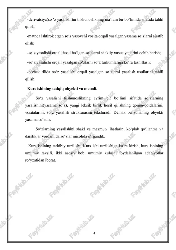 ini tadqiq etishga o‘tishdan oldin, umuman so‘z yasalishi tarixi, bu jarayonning o‘ziga xos belgilari bilan bir-biridan farqlanuvchi bosqichlarini ajratish, har bir bosqichda erishilgan yutuqlar, yo‘l qo‘yilgan kamchiliklar va ularning sabablarini aniq bilan mazkur masala bo‘yicha navbatdagi vazifalarni belgilashi imkoni tug‘iladi.shu bois o‘zbek tili so‘z yasalishining o‘rganilish tarixiga e’tibor berishni lozim topdik. so‘z yasalishining o‘rganilish tarixidan ma’lum bo‘lyaptiki, bu tarixni ikki asosiy bosqichga ajratish mumkin: 1)so‘z yasalishining tilshunoslikning morfologiya bo‘limida o‘rganilishi bosqichi; 2)tilshunoslikning alohida bo‘limi sifatida ajratilishi va o‘rganilishi bosqichi. bu bosqichni o‘z navbatida, ikki bosqichga ajratish mumkin: a)tilni sistema sifatida; b)so‘z yasalishini sistema sifatida o‘rganishga o‘tish bosqichi-hozirgi bosqich. so‘z yasalishi hozirgi(sinxron) aspektga tayanadi. bunda til taraqqiyotining ma’lum bir davri ko‘zda tutiladi. masalan, hozirgi zamon o‘zbek tili. bunda yasama so‘zning qismlari o‘rtasidagi munosabat jonli bo‘ladi, ya’ni so‘zning ma’nosini qismlarning ma’no munosabati bilan asoslash mumkin bo‘ladi.masalan, o‘rim-im, ter-im, termir-chi, bilim-li, egov-la, randa-la, tin-ch, ikki-lan va boshqalar. xullas, hozirgi so‘z yasalishida ikki yasovchi …