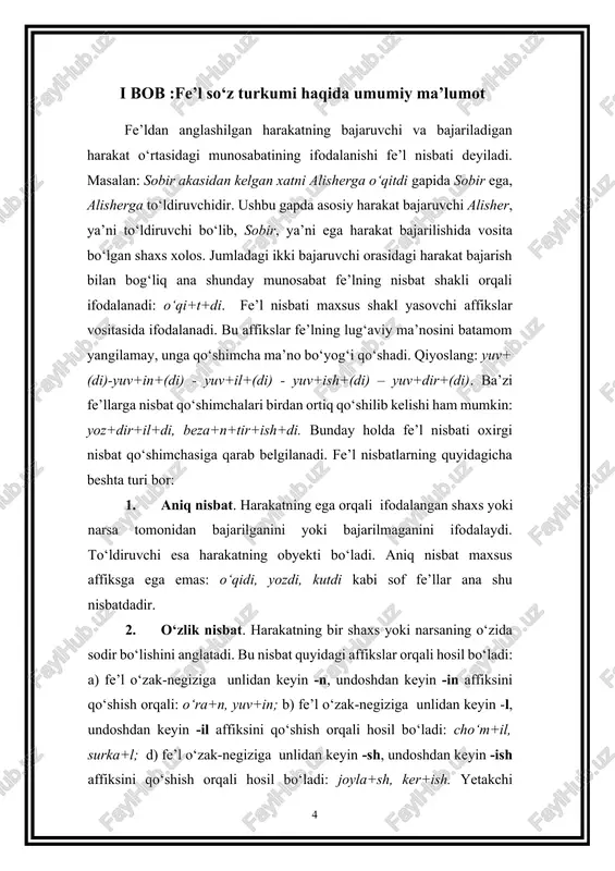 soblanmaydi. chunki zavqlanmoq, achchiqlanmoq kabi fe’llar tarkibidagi -n nisbat yasovchi emas, balki -la va -n bir butun holda (-lan) affiksidir. shu bois, zavqlan, achchiqlan fe’llari aniq nisbat shakli hisoblanadi. xuddi shuningdek, ba’zi o‘timli va o‘timsiz fe’llardan ham o‘zlik nisbati yasalmaydi: bor, yugur, o‘qi, hayda, ek, min, sug‘or kabilar, shular jumlasidandir. 1. orttirma nisbat. harakatning boshqa bir shaxs yoki narsa ta’sirida, tazyiqida bajarilishi, orttirilishini ifodalovchi fe’l shaklidir. quyidagicha affikslar orqali hosil qilinadi: 1) - dir (tir): yozdir, kuldir; 2) - gaz (-giz, -g‘az, -g‘iz, -kaz, kiz, -qaz, -qiz): ko‘rgaz, ketkiz, o‘tqaz; 3) -t: o‘qit, qurit, ishlab; 4) - iz: oqiz, tomiz; 5) - ir: botir, tomir,oqir; 6) – ar: chiqar, qaytar; 7) - sat: ko‘rsat. ayrim fe’llarning orttirma nisbatni yasashda ko‘rsatilgan affikslardan faqat bittasini, boshqa fe’llarda esa bir nechtasini sinonim sifatida qo‘llash mumkin: ko‘n+dir - to‘la+t-to‘l+dir - to‘l+g‘iz kabi. shuningdek, orttirma nisbat boshqa nisbatlardan farqli ravishda fe’lga birdan ortiq affikslar qo‘shish …