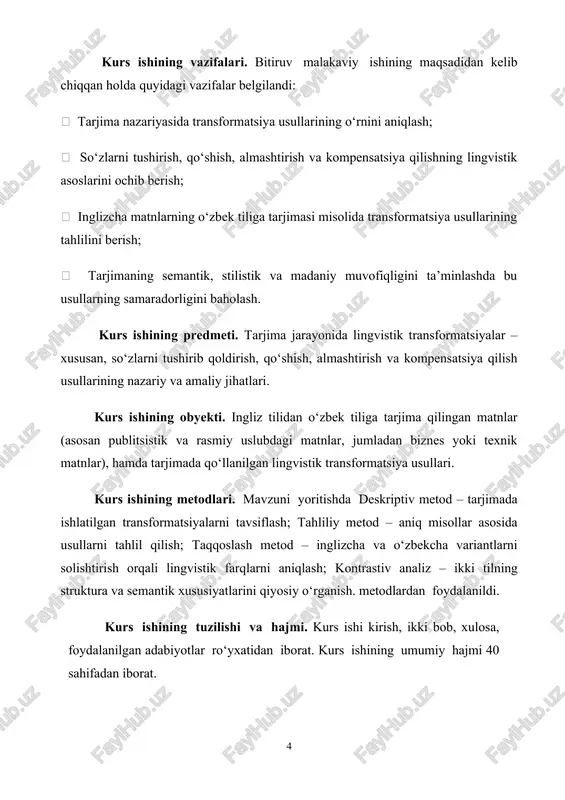 – xususan, so‘zlarni tushirib qoldirish, qo‘shish, almashtirish va kompensatsiya qilish usullarining nazariy va amaliy jihatlari. kurs ishining obyekti. ingliz tilidan o‘zbek tiliga tarjima qilingan matnlar (asosan publitsistik va rasmiy uslubdagi matnlar, jumladan biznes yoki texnik matnlar), hamda tarjimada qo‘llanilgan lingvistik transformatsiya usullari. kurs ishining metodlari. mavzuni yoritishda deskriptiv metod – tarjimada ishlatilgan transformatsiyalarni tavsiflash; tahliliy metod – aniq misollar asosida usullarni tahlil qilish; taqqoslash metod – inglizcha va o‘zbekcha variantlarni solishtirish orqali lingvistik farqlarni aniqlash; kontrastiv analiz – ikki tilning struktura va semantik xususiyatlarini qiyosiy o‘rganish. metodlardan foydalanildi. kurs ishining tuzilishi va hajmi. kurs ishi kirish, ikki bob, xulosa, foydalanilgan adabiyotlar ro‘yxatidan iborat. kurs ishining umumiy hajmi 40 sahifadan iborat. i bob. tarjima nazariyasi va lingvistik transformatsiyalar 1.1 tarjima jarayonida lingvistik transformatsiyalarning o‘rni tarjimonlar tomonidan eng ko‘p qo‘llaniladigan lingvistik transformatsiyalar quyidagi asosiy turlarga bo‘linadi: tushirib qoldirish (omission) – bu usul manba matndagi ma'lumotni nishon tilida ifodalashni lozim topmagan holatlarda qo‘llaniladi. …