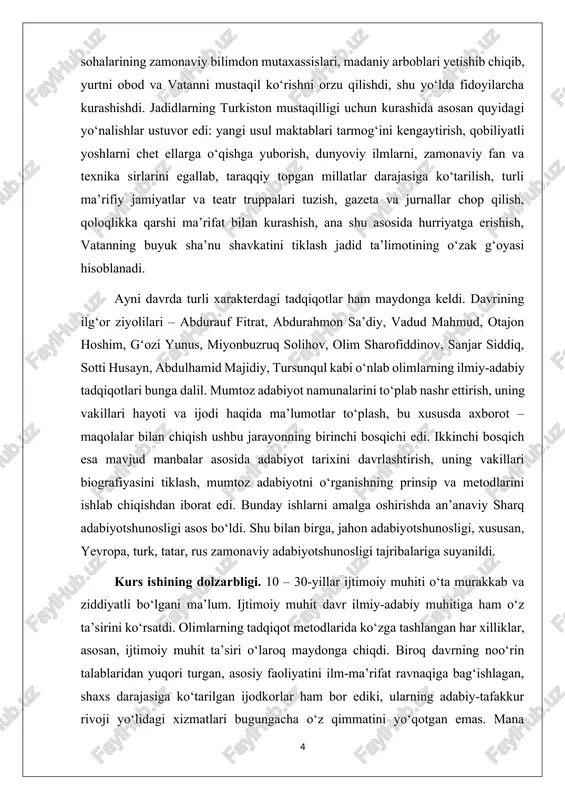 lan birga, jahon adabiyotshunosligi, xususan, yevropa, turk, tatar, rus zamonaviy adabiyotshunosligi tajribalariga suyanildi. kurs ishining dolzarbligi. 10 – 30-yillar ijtimoiy muhiti o‘ta murakkab va ziddiyatli bo‘lgani ma’lum. ijtimoiy muhit davr ilmiy-adabiy muhitiga ham o‘z ta’sirini ko‘rsatdi. olimlarning tadqiqot metodlarida ko‘zga tashlangan har xilliklar, asosan, ijtimoiy muhit ta’siri o‘laroq maydonga chiqdi. biroq davrning noo‘rin talablaridan yuqori turgan, asosiy faoliyatini ilm-ma’rifat ravnaqiga bag‘ishlagan, shaxs darajasiga ko‘tarilgan ijodkorlar ham bor ediki, ularning adabiy-tafakkur rivoji yo‘lidagi xizmatlari bugungacha o‘z qimmatini yo‘qotgan emas. mana shunday buyuk jadid ijodkorlardan biri – abdurauf fitratdir. u umrini, hayotini, aqliy-ma’naviy va moddiy kuchini millat manfaati, uning ma’rifatli, ilmli bo‘lishi uchun sarflagan. u nafaqat ijodiyoti bilan, balki dramaturgiyasi, publitsistik asarlari, ilmiy maqola va risolalari bilan ham o‘zbek adabiyoti, tili, tarixi, umuman, o‘zbek madaniyati uchun katta hissa qo‘shgan. fitratning “adabiyot qoidlari” asaridagi adabiy tur va janrlar, aruz va barmoq vazni, folkloristi, dramatik turlarning janrlari xususidagi muhim, o‘zgacha ruhdagi adabiy-nazariy qarashlarni o‘rganish, …