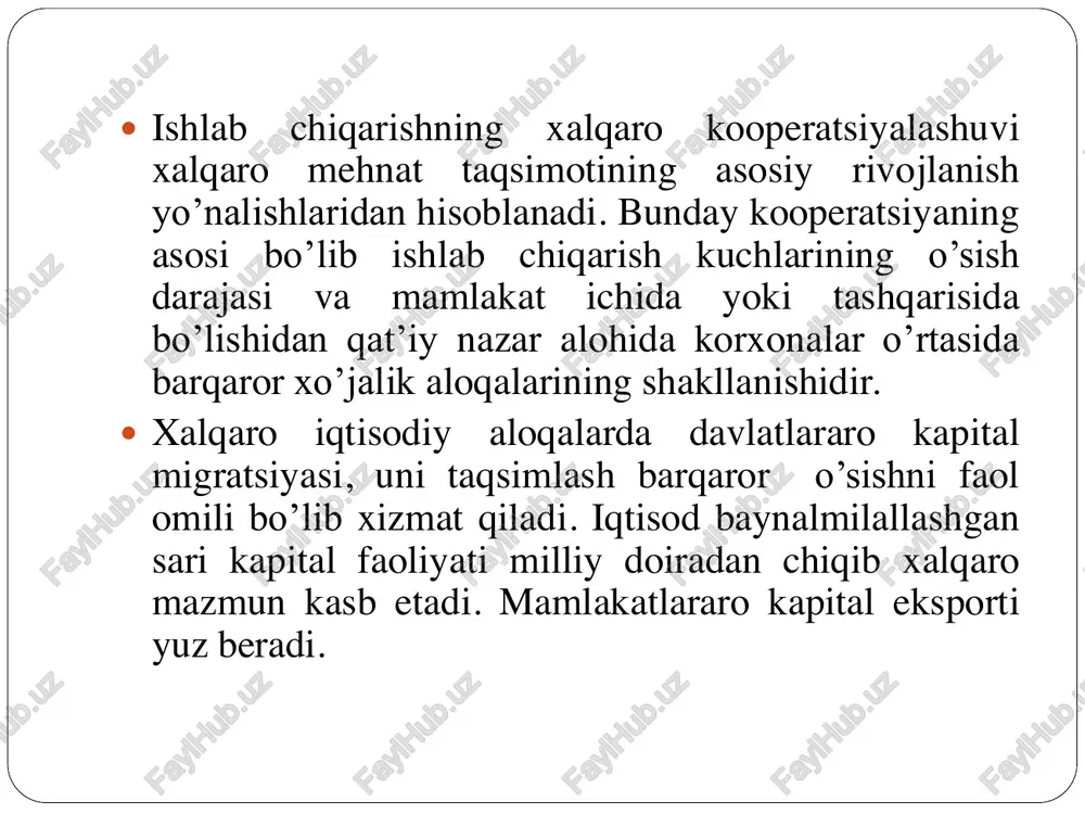 vlarda statistik tahlil qilish maqsadida quyidagi ko’rsatkichlar hisoblanadi (2-jadval). 2-jadval tashqi savdo oboroti elastikligini tavsiflovchi ko’rsatkichlar № ko’rsatkichlar hisoblash tartibi izoh 1. eksport elastikligi(ee) e - eksport o’simi e - eksport hajmi yaim - yalpi ichki mahsulot o’simi 2. eksportning ilgarilash koeffitsienti (ke) je - eksport indeksi jyaim - yaim indeksi 3. import elastikligi(ei) i - import o’simi i - import hajmi 4. importning ilgarilash koeffitsienti (ki) ji - import indeksi 5. koordinatsiya indeksi (jk) knm - koordinatsiya nisbiy miqdori yaim yaim : e e ee   yaimee j:jk  yaim yaim : i i ei   yaimii j:jk  iek j:jj  i:ek nm   ee>1 va je >jyaim bo’lishi mazkur mamlakatda tovarlar eksportining ularni ishlab chiqarishga nisbatan tezroq o’sganligidan dalolat beradi. bu albatta ijobiy hol.  ei>1 va ji>jyaim bo’lishini esa har doim ham ma’qul deb bo’lmaydi. chunki mamlakat o’z ehtiyojini qondirish uchun o’zida ishlab …