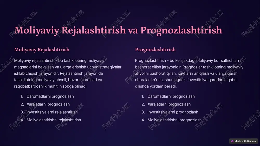 h, daromadlarni oshirish va samaradorlikni yaxshilashga yordam beradi. 7 moliyaviy risklarni boshqarish xavflarni aniqlash moliyaviy risklarni boshqarishning birinchi qadami bu ularni aniqlashdir. bu, tashkilotning moliyaviy ahvolini, bozor sharoitlarini, raqobatbardoshlik muhitini va boshqa omillarni tahlil qilish orqali amalga oshiriladi. xavflarni baholash aniqlangan xavflarni baholash, ularning ehtimolligi va ta'sirini aniqlash kerak. bu, xavflarni ularning jiddiylik darajasiga qarab tartiblashga yordam beradi. xavflarni boshqarish strategiyasini ishlab chiqish baholangan xavflarni boshqarish uchun strategiya ishlab chiqish kerak. bu, xavflarni kamaytirish, ularga qarshi choralar ko'rish yoki ularni qabul qilish kabi usullarni o'z ichiga oladi. xavflarni kuzatish ishlab chiqilgan strategiya amalga oshirilgandan so'ng, xavflarni muntazam kuzatish va ularning o'zgarishini baholash kerak. bu, xavflarga munosabatni sozlash va zaruriy choralarni ko'rishga yordam beradi. 8 moliyaviy hisobotlarni tayyorlash va taqdim etish moliyaviy hisobotlarni tayyorlash moliyaviy hisobotlar tashkilotning moliyaviy ahvolini aks ettiradi. ular tashkilotning daromadlari, xarajatlari, qarzdorligi, aktivlari va boshqa muhim moliyaviy ko'rsatkichlarini o'z ichiga oladi. moliyaviy hisobotlarni taqdim etish moliyaviy hisobotlarni …