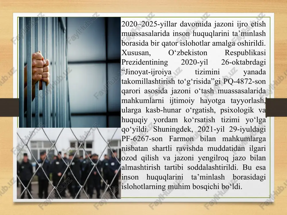 i bu — tibbiy xizmatdan foydalanish huquqidir. amaldagi jikning 117-moddasiga ko‘ra, har bir mahkum sog‘lig‘ini saqlash huquqiga ega bo‘lib, zarur hollarda u davlat tibbiyot muassasalariga yuborilishi mumkin. bundan tashqari, 2023-yilda o‘zbekiston respublikasi sog‘liqni saqlash vazirligi va jazoni ijro etish departamenti o‘rtasida hamkorlik memorandumlari imzolandi, ularning asosida mahkumlarga bepul psixologik va tibbiy yordam ko‘rsatish keng yo‘lga qo‘yildi. mahkumlarning ta’lim va mehnat huquqi. 2021-yildan boshlab jazoni o‘tash muassasalarida kasb-hunar markazlari tashkil etildi, ularda mahkumlar sartaroshlik, duradgorlik, payvandlash, tikuvchilik, elektrsozlik va boshqa yo‘nalishlarda o‘qitilmoqda. mehnat orqali daromad topayotgan mahkumlarga oilalariga moddiy yordam ko‘rsatish imkoniyati yaratilgan. bu esa ularning ijtimoiy reabilitatsiyasi uchun muhim asos bo‘lib xizmat qiladi. mahkumlarning huquqiy holati faqat jazo ijro etish muassasalari faoliyati bilan cheklanmaydi, balki ularning ozodlikdan so‘nggi jamiyatga qaytish jarayonini ham o‘z ichiga oladi. 2024-yilda “reabilitatsiya va reintegratsiya markazlari to‘g‘risida”gi qaror loyihasi ishlab chiqildi, unda jazoni o‘tab chiqqan shaxslarni psixologik, huquqiy va ijtimoiy qo‘llab-quvvatlash mexanizmlari nazarda tutilgan. xulosa mahkumlarning …