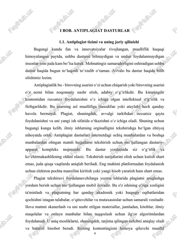 da aniqlab beriladi. eng muhimi platformadan foydalanish uchun elektron pochta manzilini kiritish yoki yangi hisob yaratish ham shart emas. plagiat tekshiruvi foydalanuvchilarga yozma ishlarida plagiatni aniqlashga yordam berish uchun moʻljallangan mobil ilovadir. bu o'z ishining o'ziga xosligini ta'minlash va plagiatning har qanday akademik yoki huquqiy oqibatlaridan qochishni istagan talabalar, o‘qituvchilar va mutaxassislar uchun samarali vositadir. ilova matnni skanerlash va uni nashr etilgan materiallar, jumladan, kitoblar, ilmiy maqolalar va onlayn manbalar bilan taqqoslash uchun ilg‘or algoritmlardan foydalanadi. u aniq mosliklarni, shuningdek, tarjima qilingan tarkibni aniqlay oladi va batafsil hisobot beradi. sizning kontentingizni himoya qiluvchi muallif bo‘lasizmi yoki akademik yaxlitlikni ta'minlovchi o‘qituvchi bo‘lasizmi, bu ko‘pchilikni tashvishga solmoqda. talabalardan tortib professionallargacha, kontentni o‘g‘irlash yoki qasddan nusxa ko‘chirish qo‘rquvi katta hukmronlik qiladi. ammo texnologiya evolyutsiyasi bilan bizda plagiat holatlarini samarali aniqlay oladigan va xabar beradigan vositalar mavjud. ushbu maqola plagiat dasturiy ta'minotining murakkabliklari, uning ahamiyati va foydalanuvchilar undan qanday qilib maksimal foyda olishlari mumkinligini …