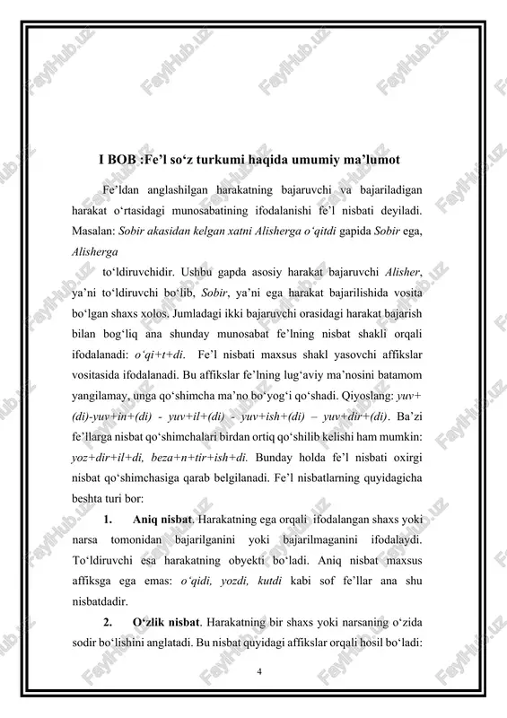 nki zavqlanmoq, achchiqlanmoq kabi fe’llar tarkibidagi -n nisbat yasovchi emas, balki -la va -n bir butun holda (-lan) affiksidir. shu bois, zavqlan, achchiqlan fe’llari aniq nisbat shakli hisoblanadi. xuddi shuningdek, ba’zi o‘timli va o‘timsiz fe’llardan ham o‘zlik nisbati yasalmaydi: bor, yugur, o‘qi, hayda, ek, min, sug‘or kabilar, shular jumlasidandir. 1. orttirma nisbat. harakatning boshqa bir shaxs yoki narsa ta’sirida, tazyiqida bajarilishi, orttirilishini ifodalovchi fe’l shaklidir. quyidagicha affikslar orqali hosil qilinadi: 1) - dir (tir): yozdir, kuldir; 2) - gaz (-giz, -g‘az, -g‘iz, -kaz, kiz, -qaz, -qiz): ko‘rgaz, ketkiz, o‘tqaz; 3) -t: o‘qit, qurit, ishlab; 4) - iz: oqiz, tomiz; 5) - ir: botir, tomir,oqir; 6) – ar: chiqar, qaytar; 7) - sat: ko‘rsat. ayrim fe’llarning orttirma nisbatni yasashda ko‘rsatilgan affikslardan faqat bittasini, boshqa fe’llarda esa bir nechtasini sinonim sifatida qo‘llash mumkin: ko‘n+dir - to‘la+t-to‘l+dir - to‘l+g‘iz kabi. shuningdek, orttirma nisbat boshqa nisbatlardan farqli ravishda fe’lga birdan ortiq affikslar qo‘shish bilan …