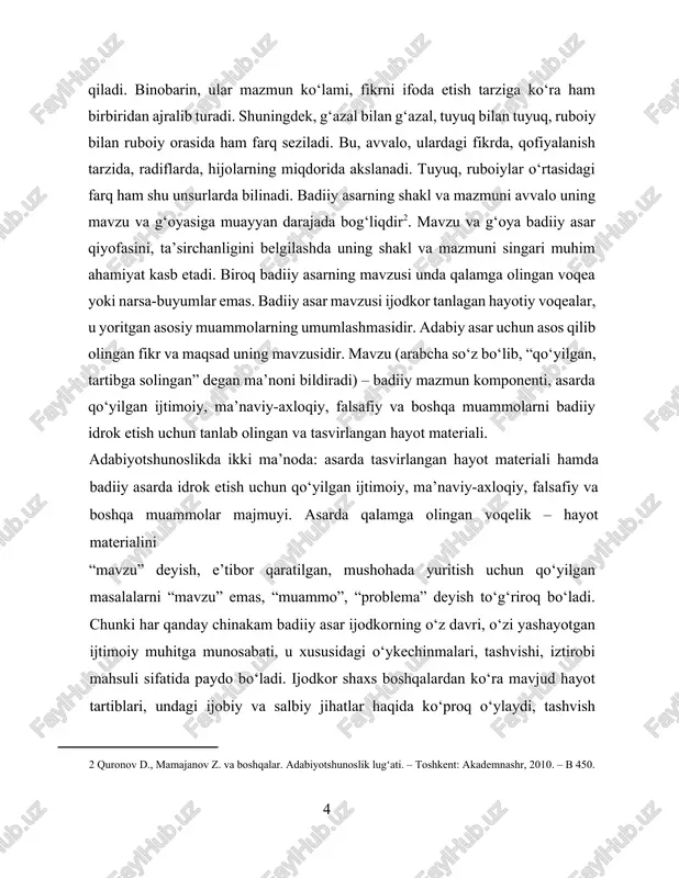 mahsuli sifatida paydo bo‘ladi. ijodkor shaxs boshqalardan ko‘ra mavjud hayot tartiblari, undagi ijobiy va salbiy jihatlar haqida ko‘proq o‘ylaydi, tashvish chekadi. tabiatidagi ana shu xususiyat, fazilat uni asar (she’r, hikoya, roman, doston, drama, komediya, tragediya) bitishga undaydi. asl asar ijodkordagi ichki zarurat – “ehtiyoj farzandi” (a.oripov) sifatida yuzaga keladi. ijodkor o‘zini o‘ylantirgan muammolarni badiiy idrok etish uchun hayot voqeligidan material tanlab, uni tasvirlaydi. d.quronov, z.mamajonov, m.sheraliyevaning “adabiyotshunoslik lug‘ati”da: “badiiy shakl va mazmun – voqelikdagi har qanday narsa o‘zining tashqi ko‘rinishi (shakli) va shu shakl orqali anglashilayotgan mohiyati (mazmun)ga ega. shakl va mazmun kategoriyalari umumfalsafiy xarakterda bo‘lib, ular voqelikni (narsani) idrok qilishda muhim ilmiy abstraksiyalardir[footnoteref:3]. [3: “o‘zbek klassik she’riyati janrlari", o.nosirov, s.jamolov, m.ziyoviddinov, toshkent- “o'qituvchi" 1979,-b 121-125 ] musammat - مسمط arabcha “tasmit” soˋzidan olingan boˋlib, ipga tizilgan marvarid degan ma’noni bildiradi. musammat bandli she’rlar she’rlar uchun qabul qilingan umumiy atamadir. banddagi misralarning miqdoriga ko’ra farqlanuvchi she’r shakllarining umumiy nomi musammatdir. …