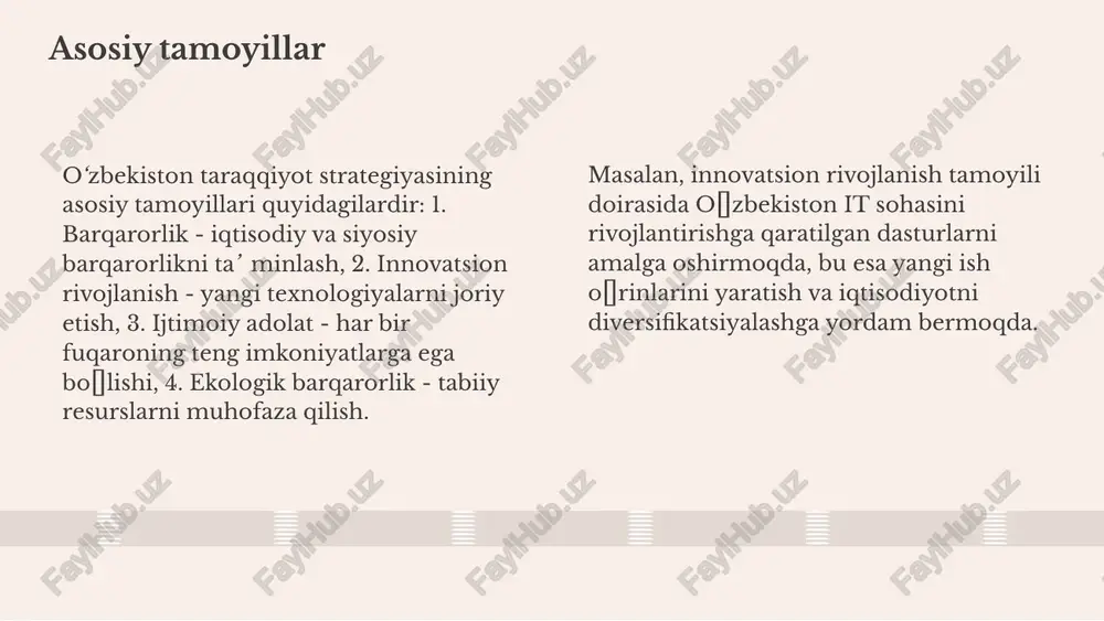 nlaydigan asosiy omillar: 1) davlat islohotlari - bozor iqtisodiyotiga o'tish jarayoni, 2) chet el investitsiyalarining ko'payishi, 3) innovatsion texnologiyalarning tatbiqi. iqtisodiy o'sish ijtimoiy-iqtisodiy o'zgarishlar bilan chambarchas bog'liq, masalan, aholi daromadlarining oshishi va yangi ish o'rinlari yaratish orqali ijtimoiy barqarorlikni ta'minlaydi. ijtimoiy-iqtisodiy natijalar va ularning tahlili o'zbekistonda ijtimoiy-iqtisodiy natijalar so'nggi yillarda sezilarli darajada o'sdi. mamlakatda ishsizlik darajasi kamaydi, shahar va qishloqlardagi infratuzilma loyihalari amalga oshirildi va aholining yashash sharoitlari yaxshilandi. ijtimoiy-iqtisodiy natijalarni tahlil qilish uchun bir nechta usullar mavjud: 1) sifatli baholash, 2) mavjud ma'lumotlar va statistikalar asosida miqdoriy tahlil, 3) holat tadqiqotlari. ushbu usullar natijalarni chuqurroq tushunishga yordam beradi. kelajak rivojlanish istiqbollari texnologiya rivoji texnologiya rivoji - o'zbekistonda raqamli iqtisodiyotning o'sishi uchun zaruriy shart. yangilangan infratuzilma va axborot texnologiyalariga e'tibor berish, mamlakatni global raqobatbardosh qilishga yordam beradi. ta'lim va bilim ta'lim va bilim - yoshlar ta'limini sifatni oshirish, xalqaro standartlarga mos keladigan dasturlarni joriy etish va universitetlarni rivojlantirish orqali o'zbekistonning …